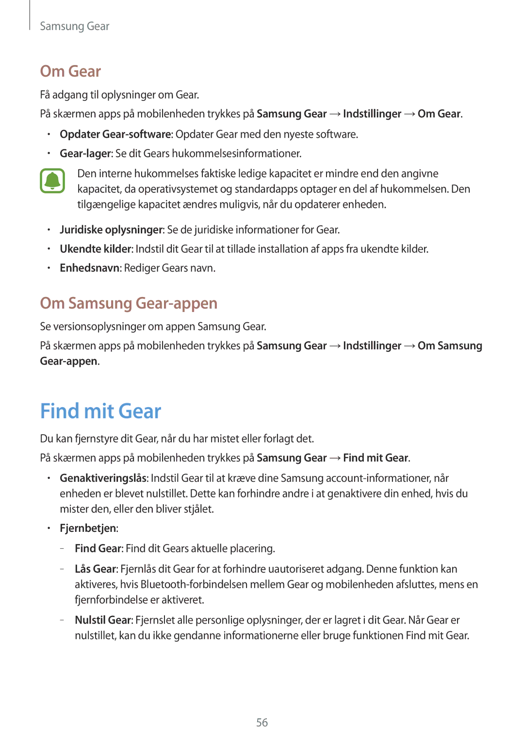 Samsung SM-R3600ZIANEE, SM-R3600ZBANEE, SM-R3600ZBNNEE manual Find mit Gear, Om Gear, Om Samsung Gear-appen, Fjernbetjen 