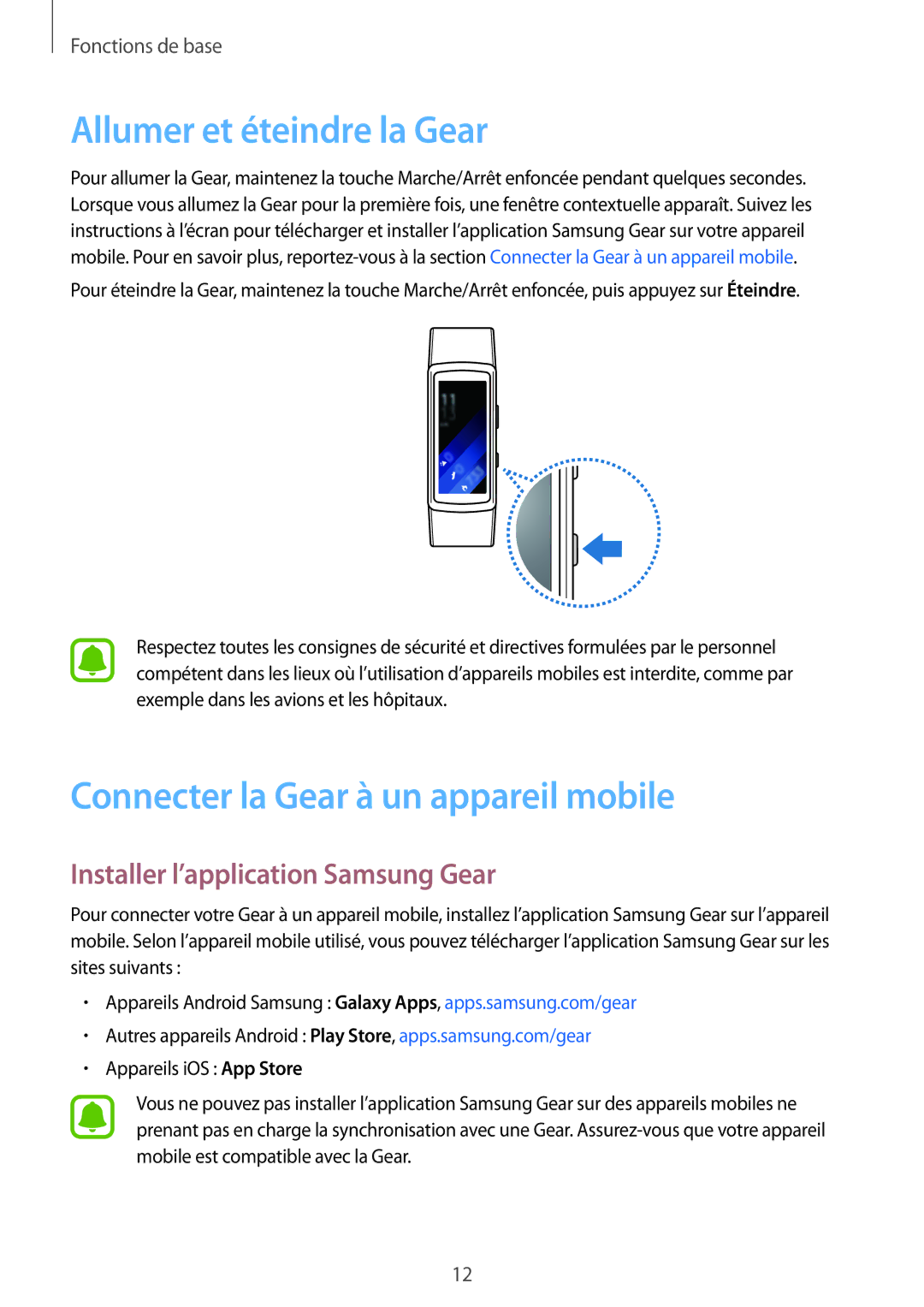 Samsung SM-R3600ZBNXEF, SM-R3600ZBAXEF, SM-R3600ZIAXEF Allumer et éteindre la Gear, Connecter la Gear à un appareil mobile 