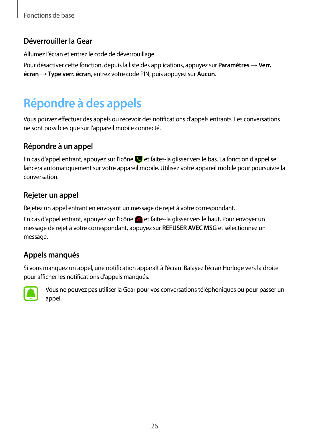 Samsung SM-R3600ZIAXEF Répondre à des appels, Déverrouiller la Gear, Répondre à un appel, Rejeter un appel, Appels manqués 