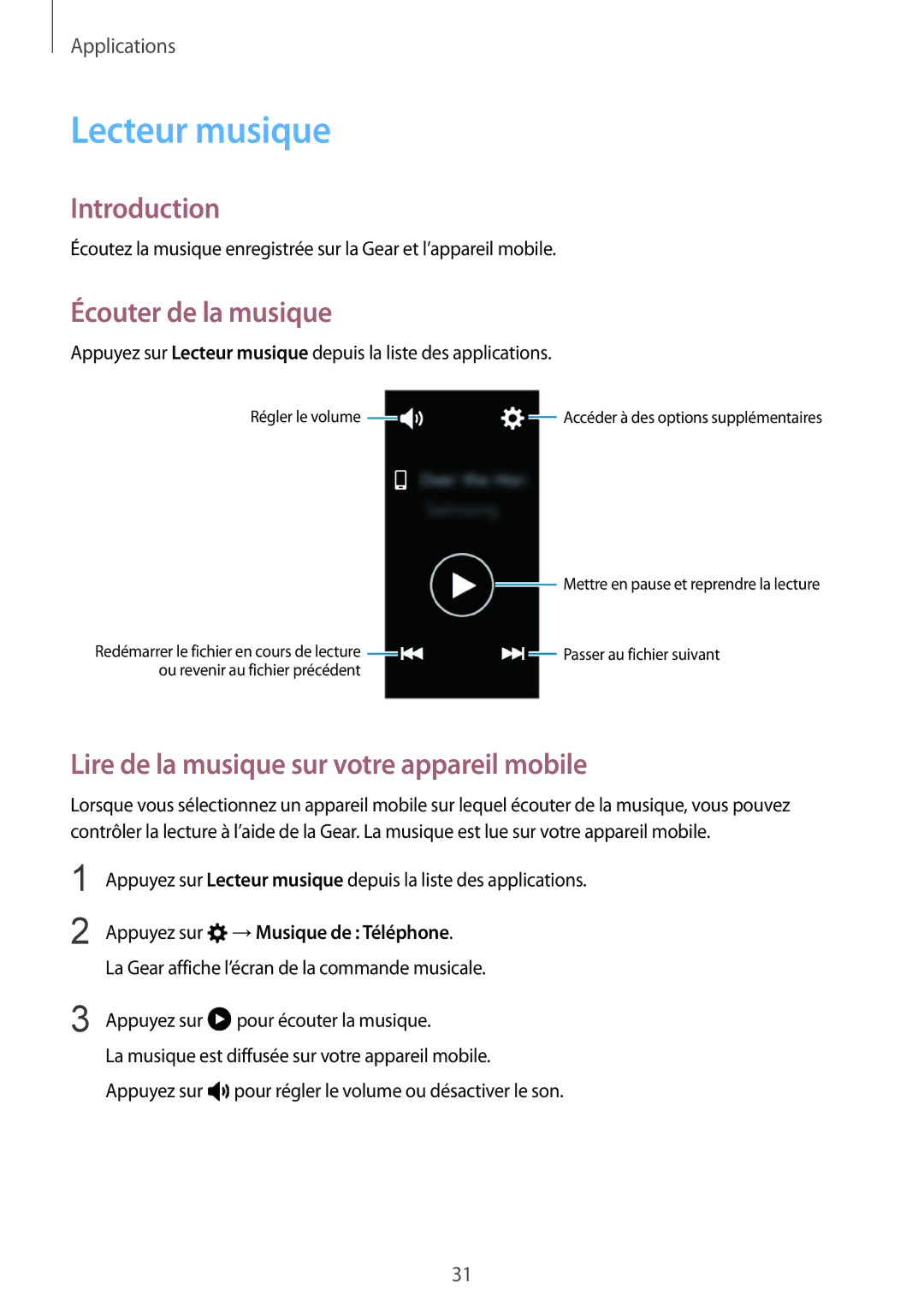 Samsung SM-R3600ZBAXEF manual Lecteur musique, Écouter de la musique, Lire de la musique sur votre appareil mobile 