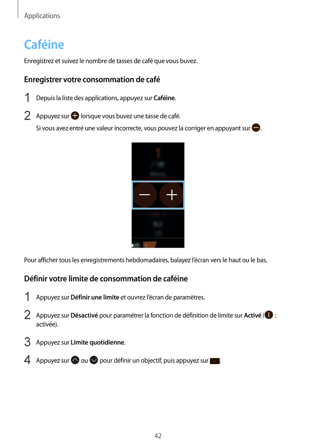 Samsung SM-R3600ZBNXEF Caféine, Enregistrer votre consommation de café, Définir votre limite de consommation de caféine 