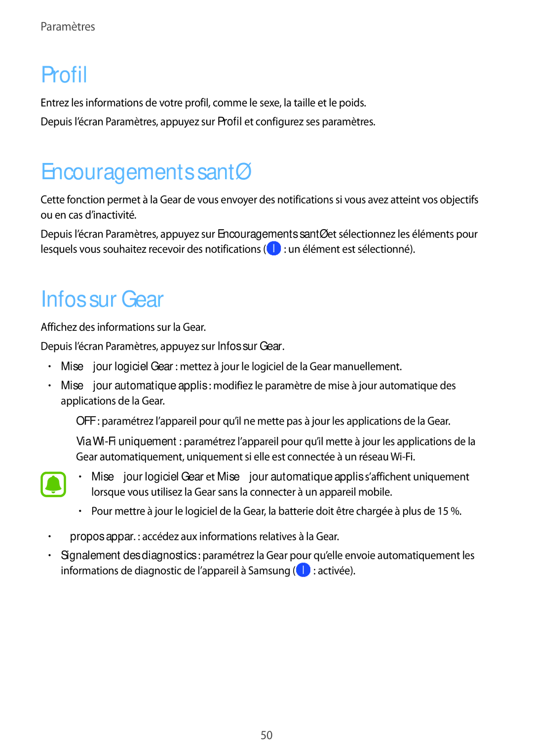 Samsung SM-R3600ZIAXEF, SM-R3600ZBNXEF, SM-R3600ZBAXEF, SM-R3600DAAXEF manual Profil, Encouragements santé, Infos sur Gear 