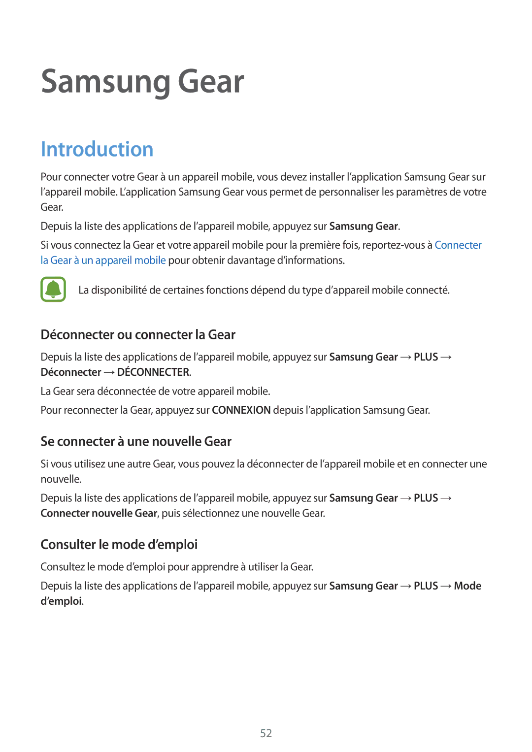 Samsung SM-R3600DANXEF Déconnecter ou connecter la Gear, Se connecter à une nouvelle Gear, Consulter le mode d’emploi 