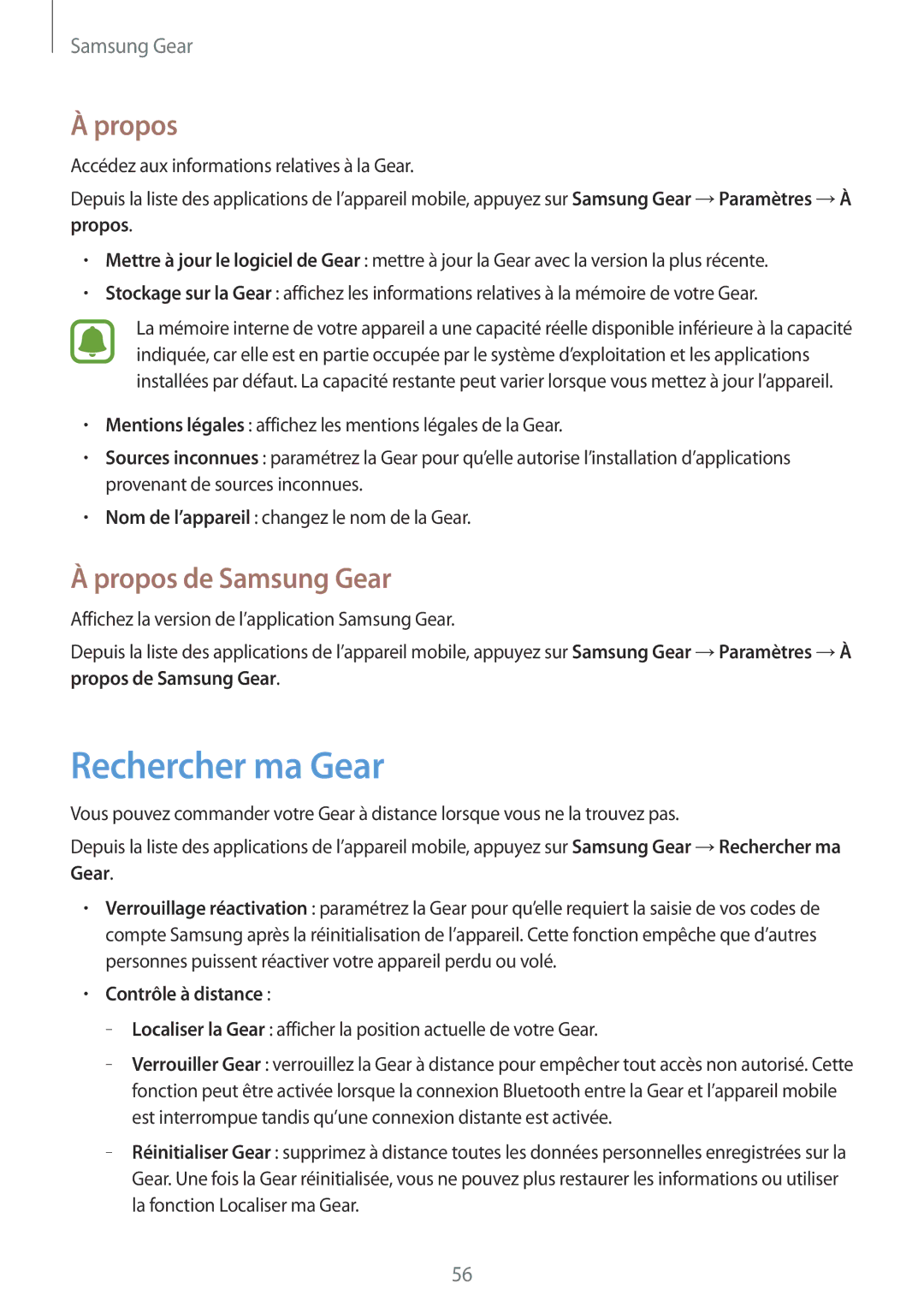 Samsung SM-R3600ZIAXEF, SM-R3600ZBNXEF, SM-R3600ZBAXEF Rechercher ma Gear, Propos de Samsung Gear, Contrôle à distance 