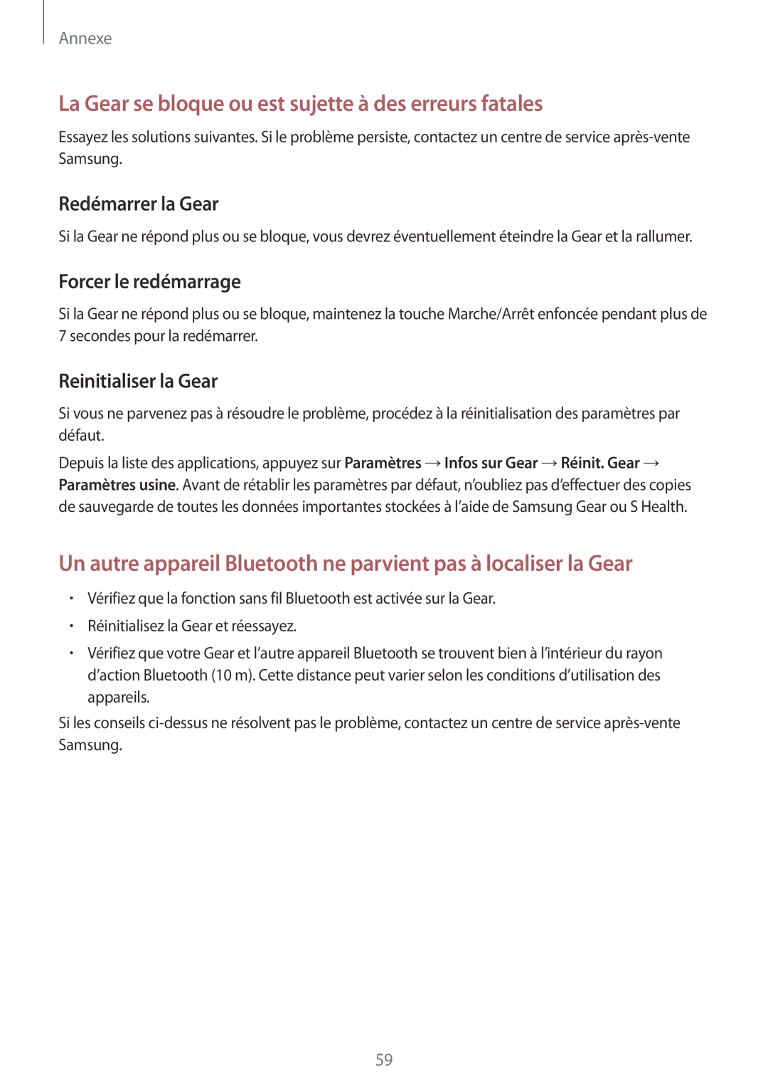 Samsung SM-R3600ZINXEF, SM-R3600ZBNXEF, SM-R3600ZBAXEF Redémarrer la Gear, Forcer le redémarrage, Reinitialiser la Gear 