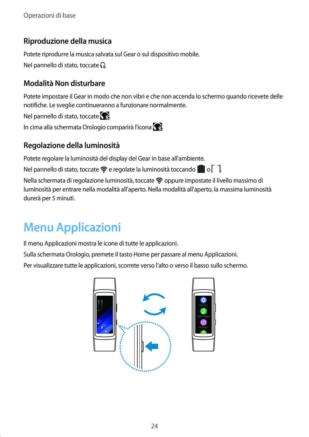 Samsung SM-R3600ZINITV Menu Applicazioni, Riproduzione della musica, Modalità Non disturbare, Regolazione della luminosità 