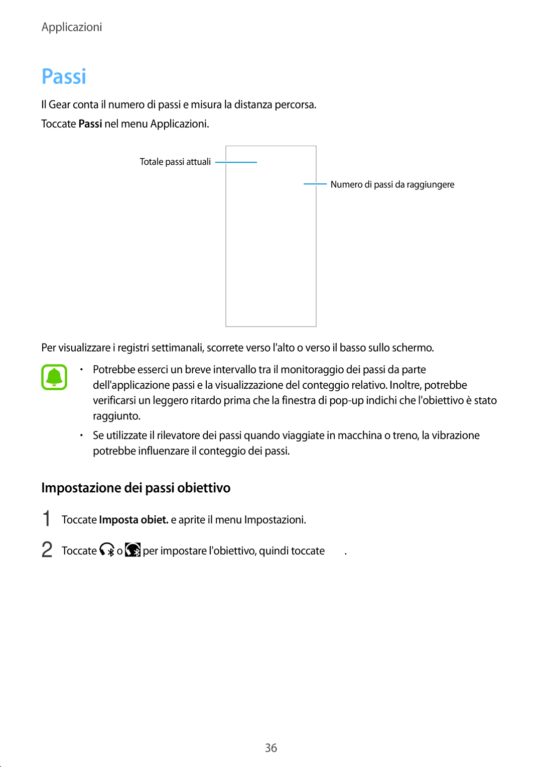 Samsung SM-R3600ZINITV, SM-R3600ZBNITV, SM-R3600ZBAITV, SM-R3600ZIAITV manual Passi, Impostazione dei passi obiettivo 