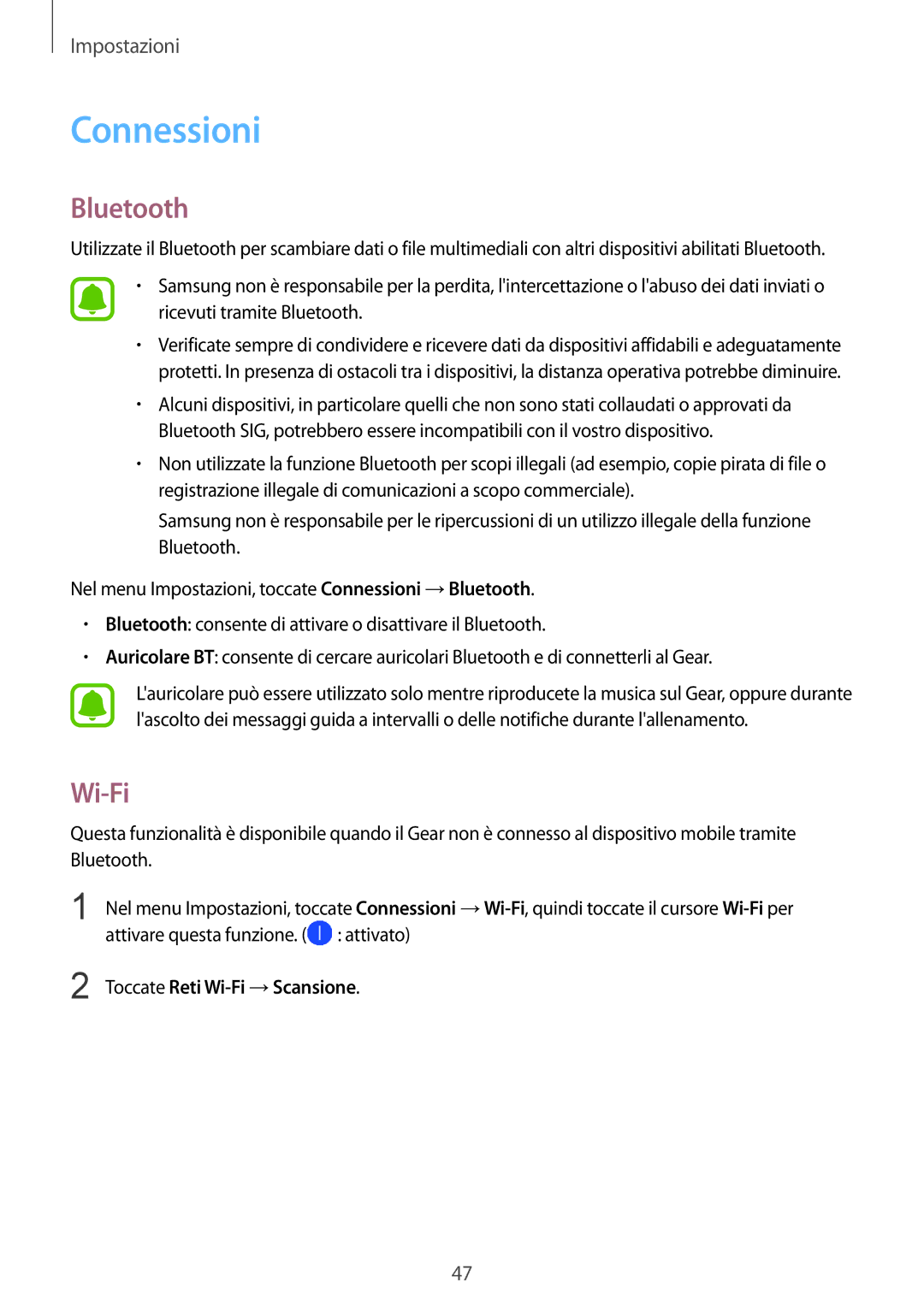 Samsung SM-R3600DAAITV, SM-R3600ZINITV, SM-R3600ZBNITV manual Connessioni, Bluetooth, Toccate Reti Wi-Fi →Scansione 