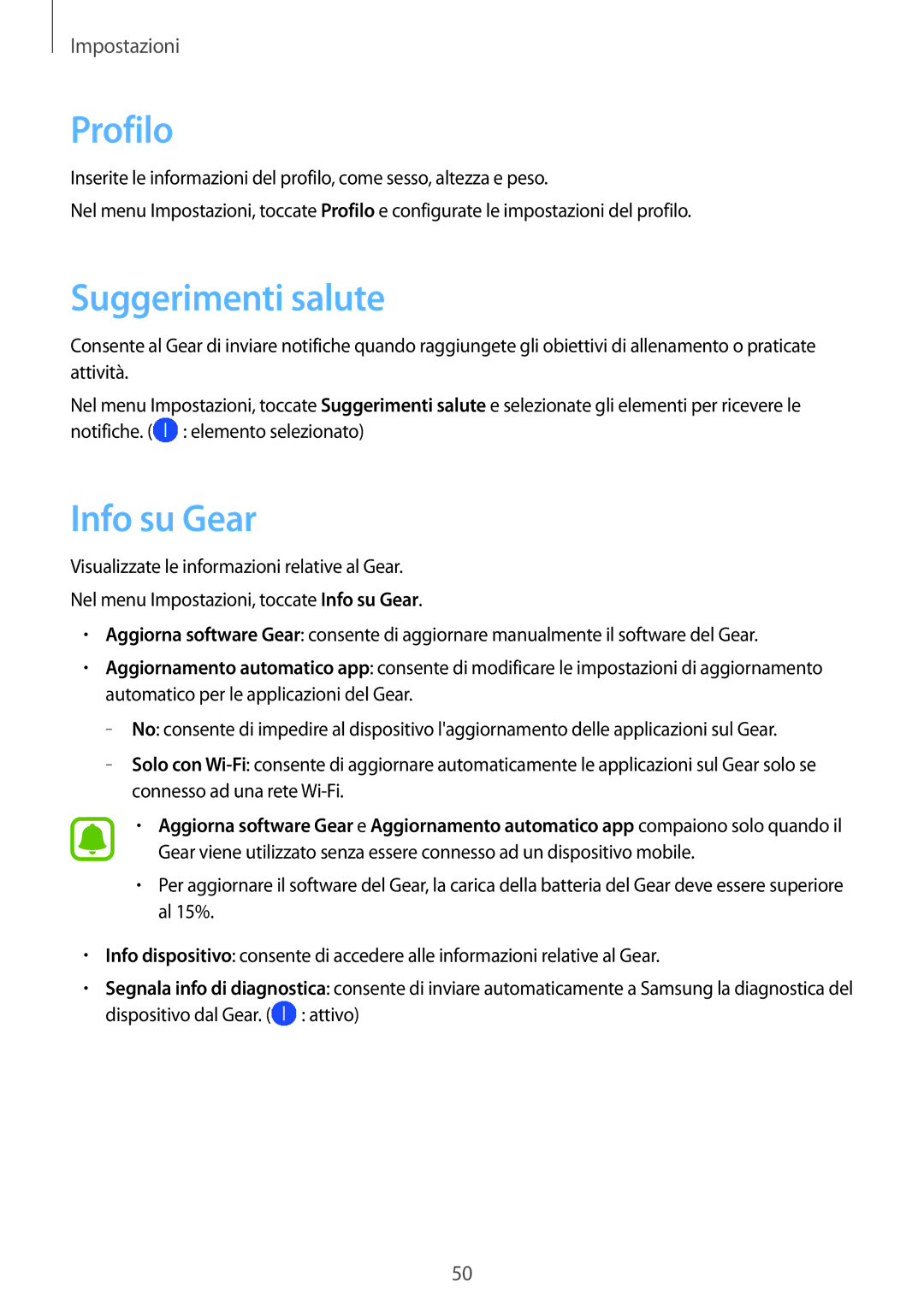 Samsung SM-R3600ZBAITV, SM-R3600ZINITV, SM-R3600ZBNITV, SM-R3600ZIAITV manual Profilo, Suggerimenti salute, Info su Gear 