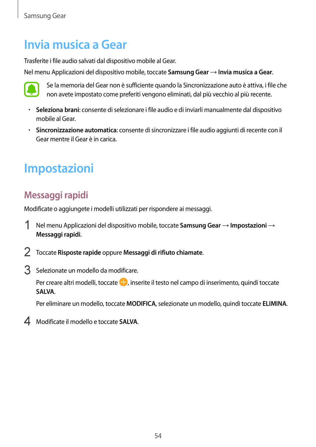 Samsung SM-R3600ZINITV, SM-R3600ZBNITV, SM-R3600ZBAITV, SM-R3600ZIAITV Invia musica a Gear, Impostazioni, Messaggi rapidi 