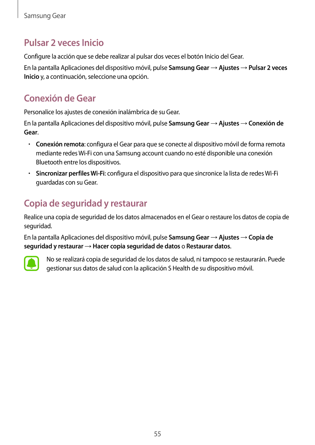 Samsung SM-R3600DAAPHE, SM-R3600ZINPHE manual Pulsar 2 veces Inicio, Conexión de Gear, Copia de seguridad y restaurar 