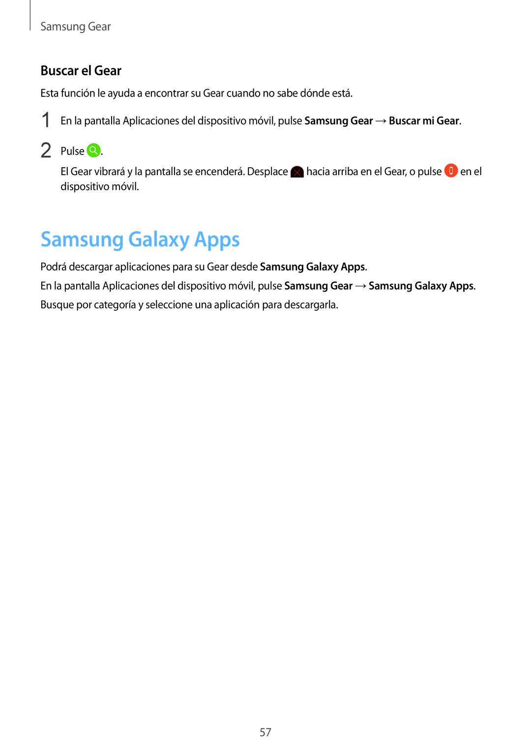 Samsung SM-R3600ZINPHE, SM-R3600DAAPHE, SM-R3600ZBAPHE manual Samsung Galaxy Apps, Buscar el Gear 