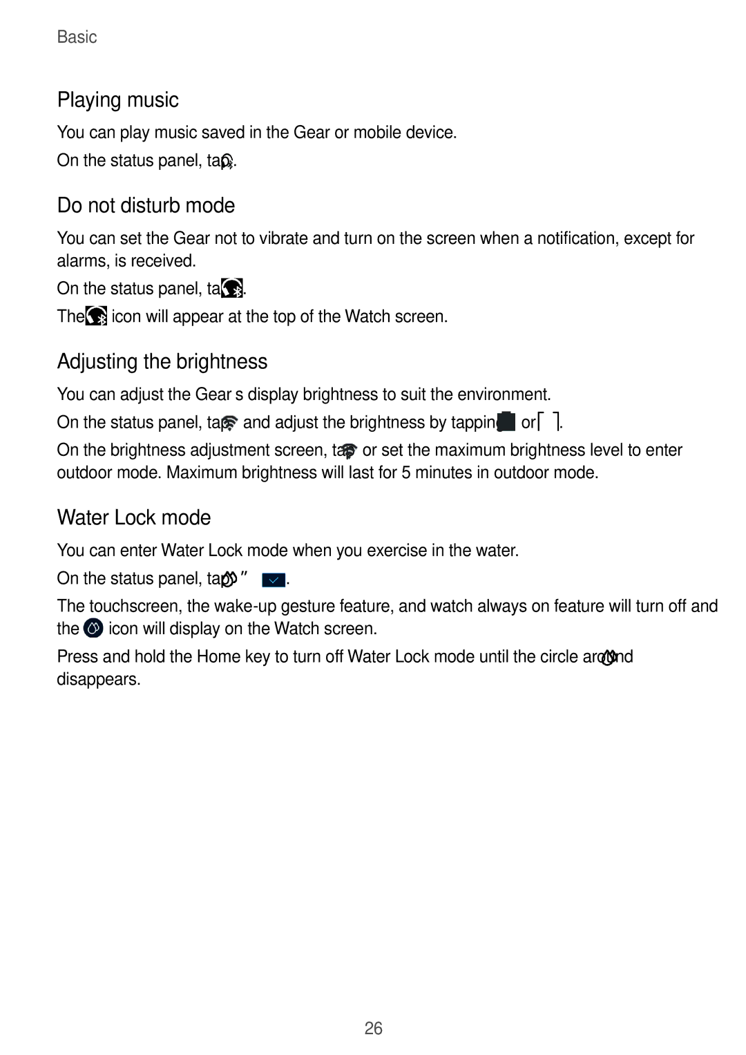 Samsung SM-R365NZRNNEE, SM-R365NZKADBT manual Playing music, Do not disturb mode, Adjusting the brightness, Water Lock mode 