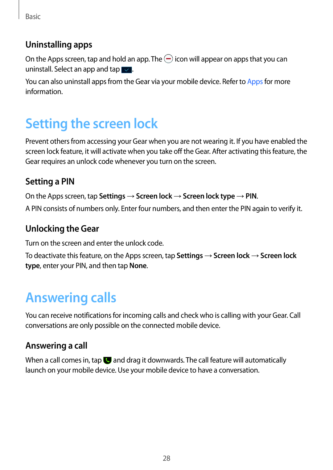 Samsung SM-R365NZRNSEB, SM-R365NZKADBT, SM-R365NZKNDBT, SM-R365NZRNDBT manual Setting the screen lock, Answering calls 