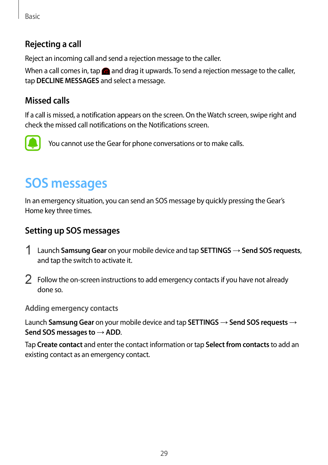 Samsung SM-R365NZRASEB, SM-R365NZKADBT, SM-R365NZKNDBT manual Rejecting a call, Missed calls, Setting up SOS messages 