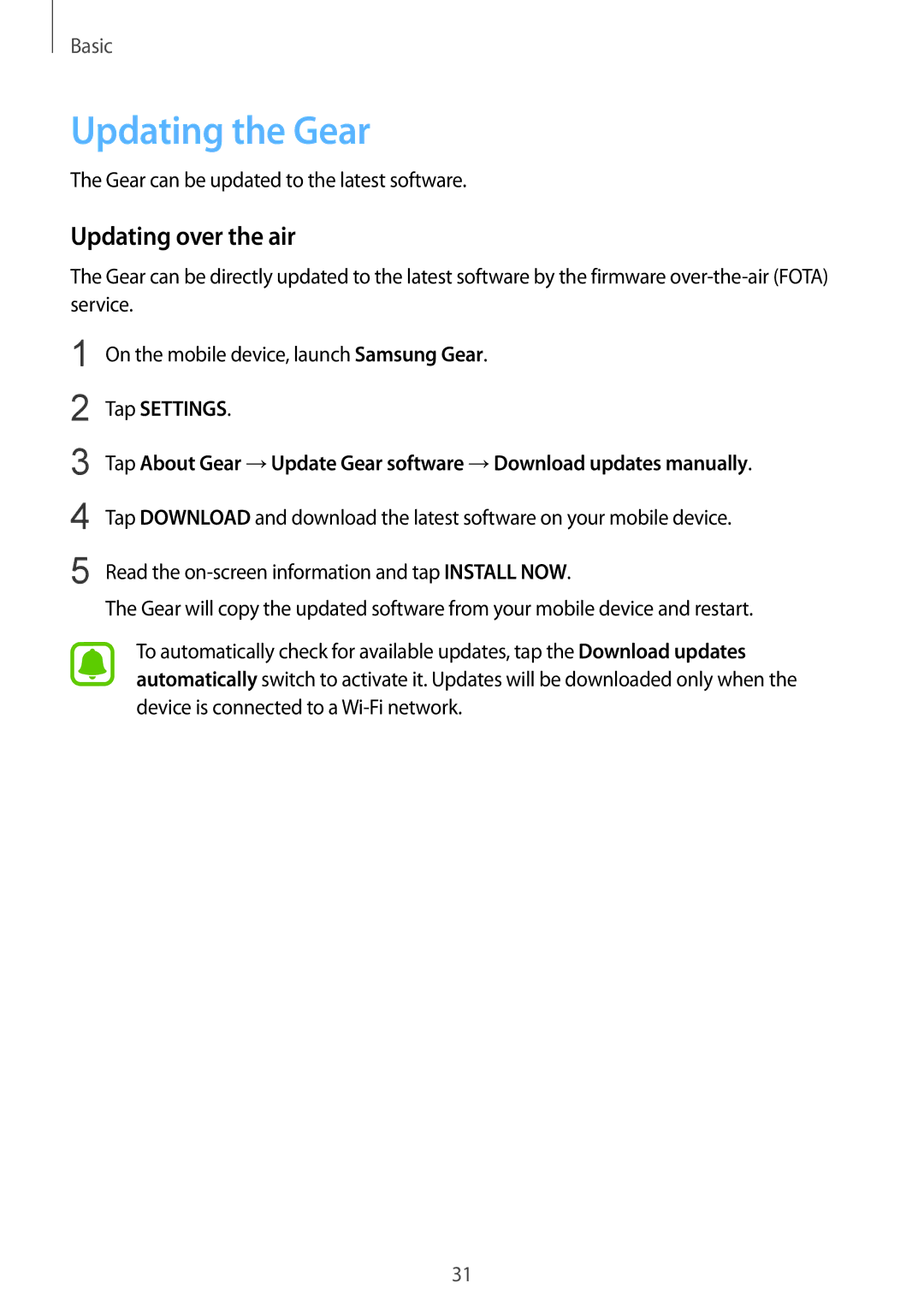 Samsung SM-R365NZKASEB, SM-R365NZKADBT, SM-R365NZKNDBT, SM-R365NZRNDBT manual Updating the Gear, Updating over the air 