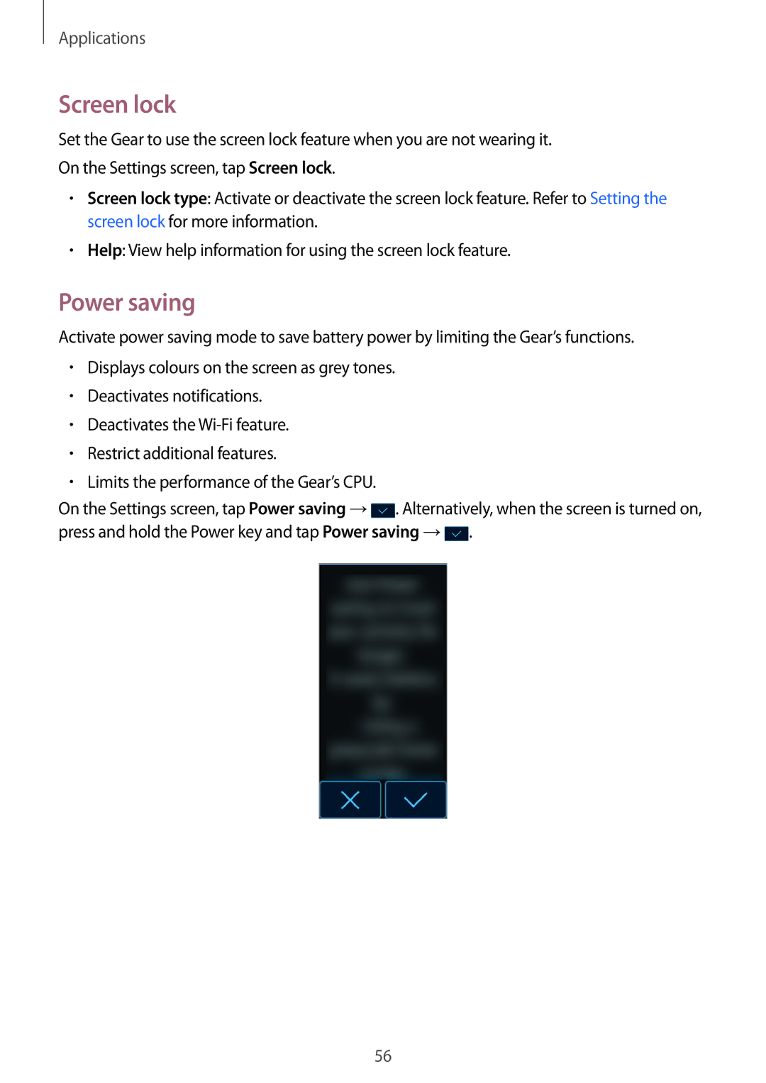 Samsung SM-R365NZRAPHE, SM-R365NZKADBT, SM-R365NZKNDBT, SM-R365NZRNDBT, SM-R365NZRADBT manual Screen lock, Power saving 