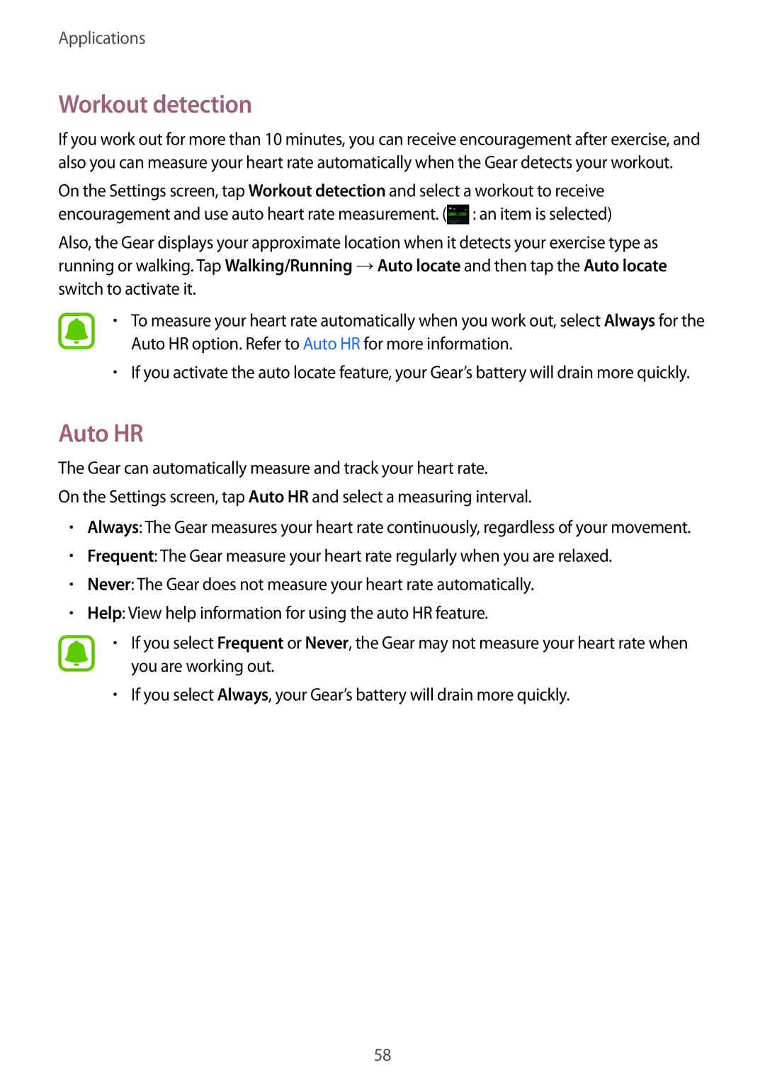 Samsung SM-R365NZKAKSA, SM-R365NZKADBT, SM-R365NZKNDBT, SM-R365NZRNDBT, SM-R365NZRADBT manual Workout detection, Auto HR 