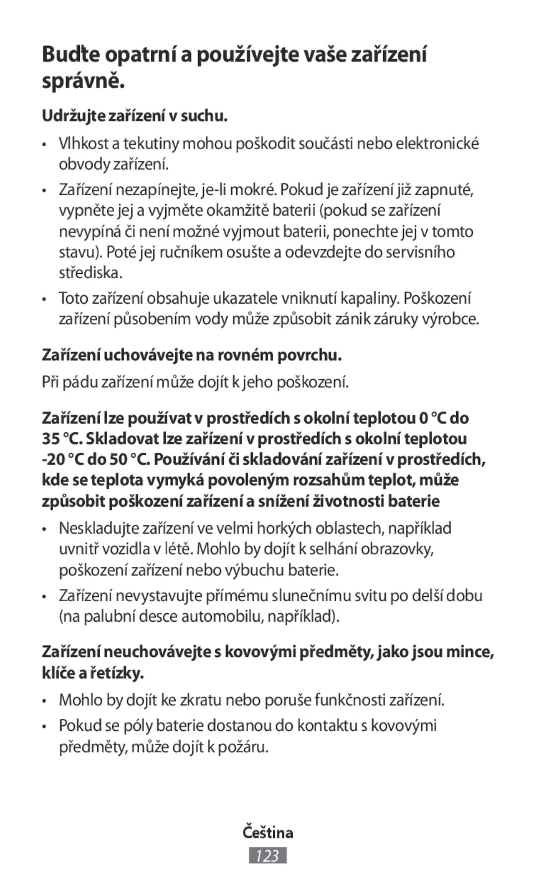 Samsung SM-R365NZRNXEH, SM-R365NZKADBT manual Buďte opatrní a používejte vaše zařízení správně, Udržujte zařízení v suchu 