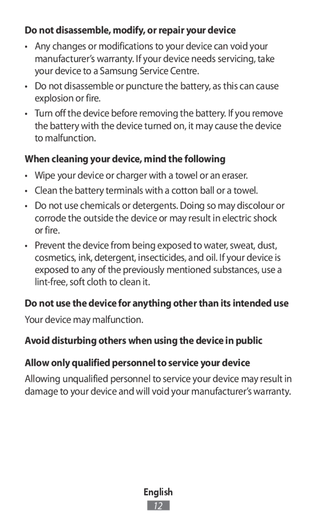 Samsung SM-R365NZKAPHE Do not disassemble, modify, or repair your device, When cleaning your device, mind the following 