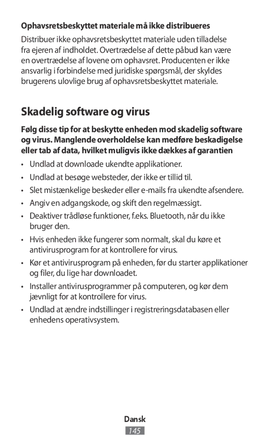 Samsung SM-R365NZKANEE, SM-R365NZKADBT manual Skadelig software og virus, Ophavsretsbeskyttet materiale må ikke distribueres 