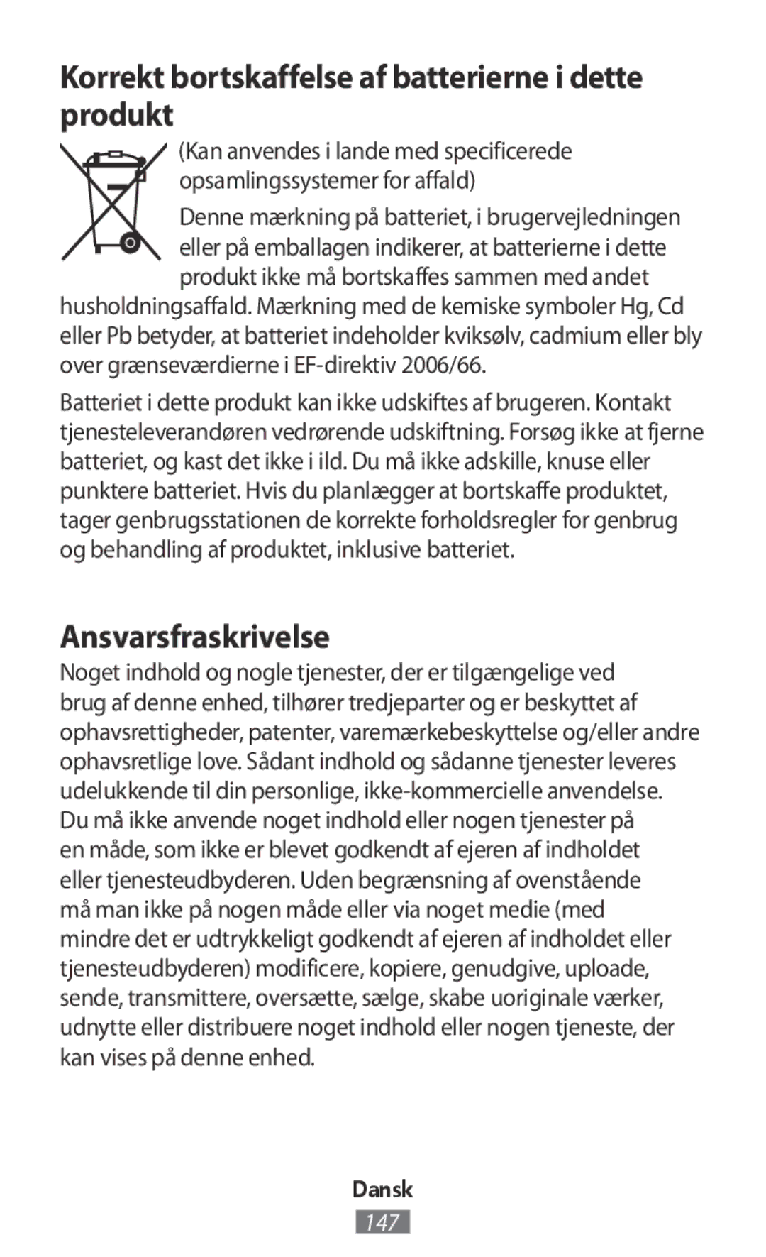 Samsung SM-R365NZRANEE, SM-R365NZKADBT manual Korrekt bortskaffelse af batterierne i dette produkt, Ansvarsfraskrivelse 