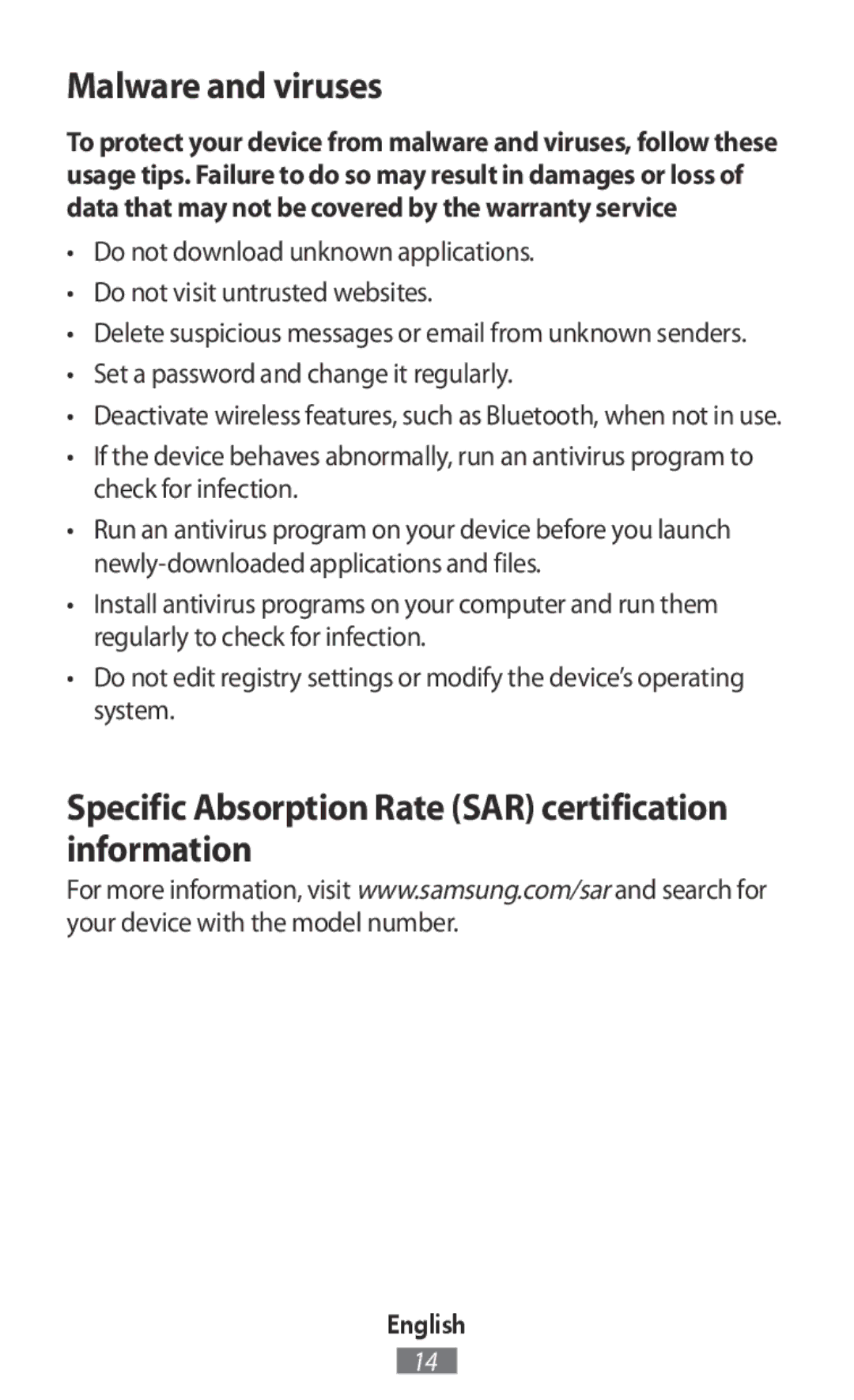 Samsung SM-R365NZKAXEZ, SM-R365NZKADBT manual Malware and viruses, Specific Absorption Rate SAR certification information 