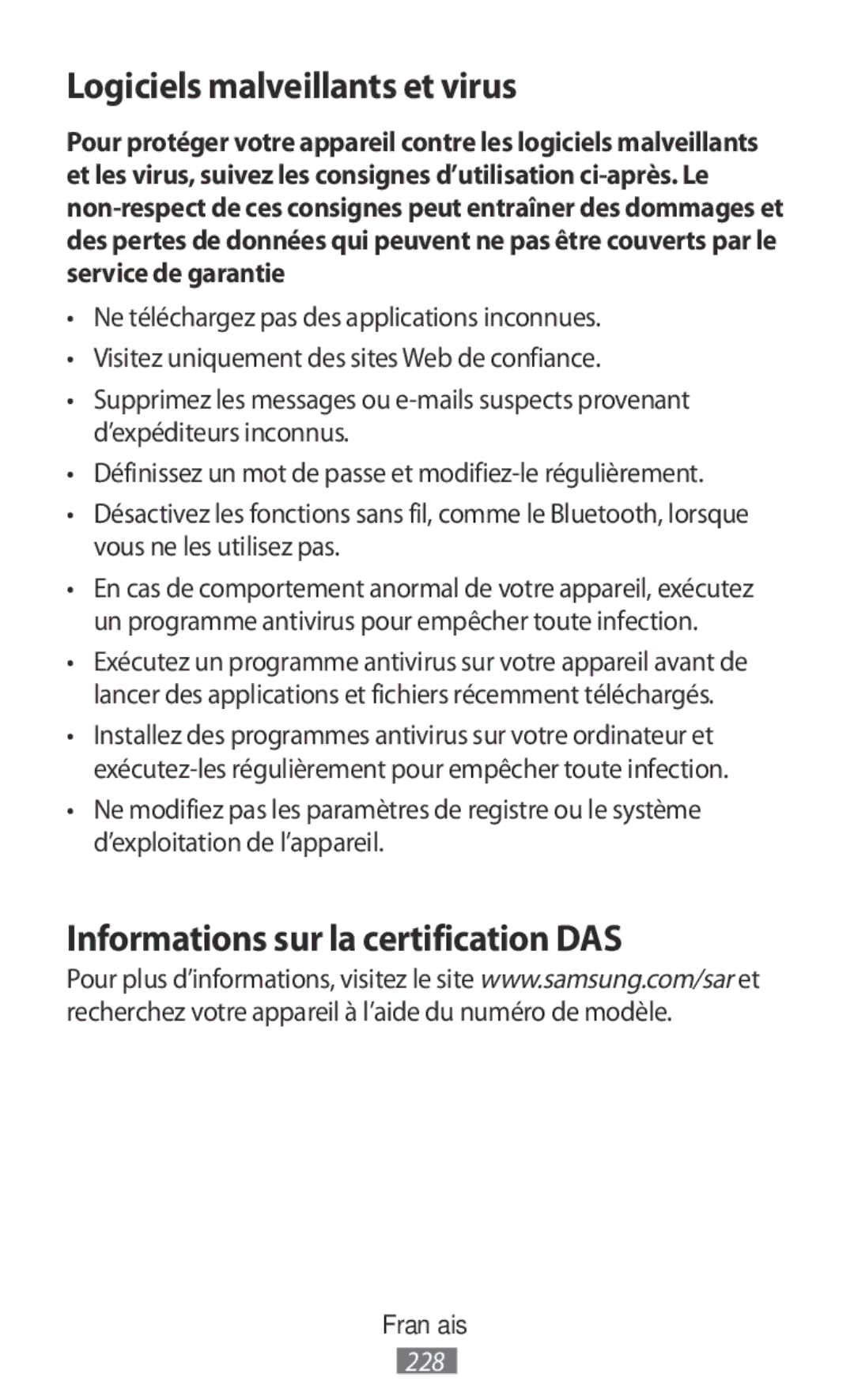 Samsung SM-R365NZKNXEF, SM-R365NZKADBT manual Logiciels malveillants et virus, Informations sur la certification DAS 