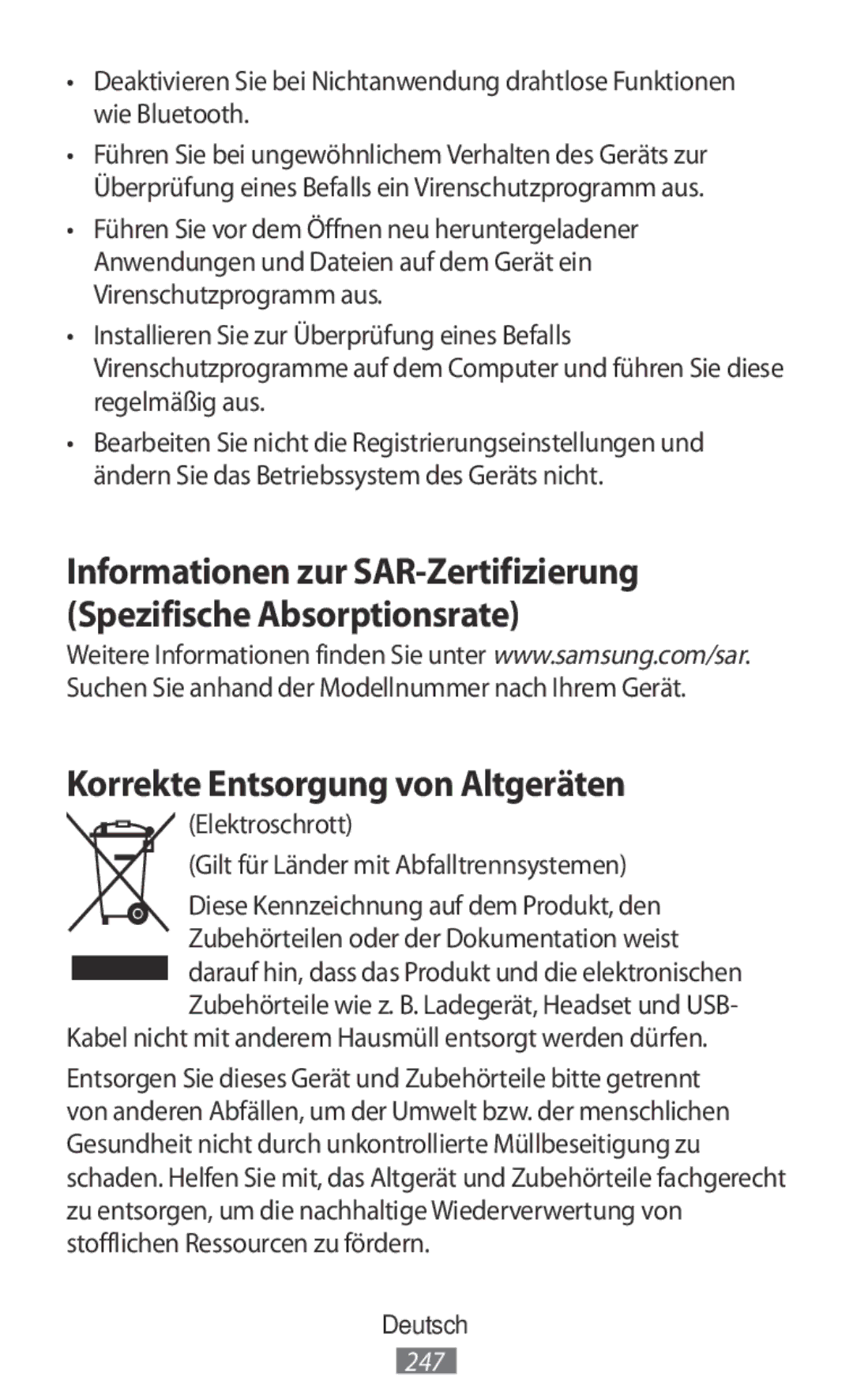 Samsung SM-R365NZKASEB manual Korrekte Entsorgung von Altgeräten, Elektroschrott Gilt für Länder mit Abfalltrennsystemen 