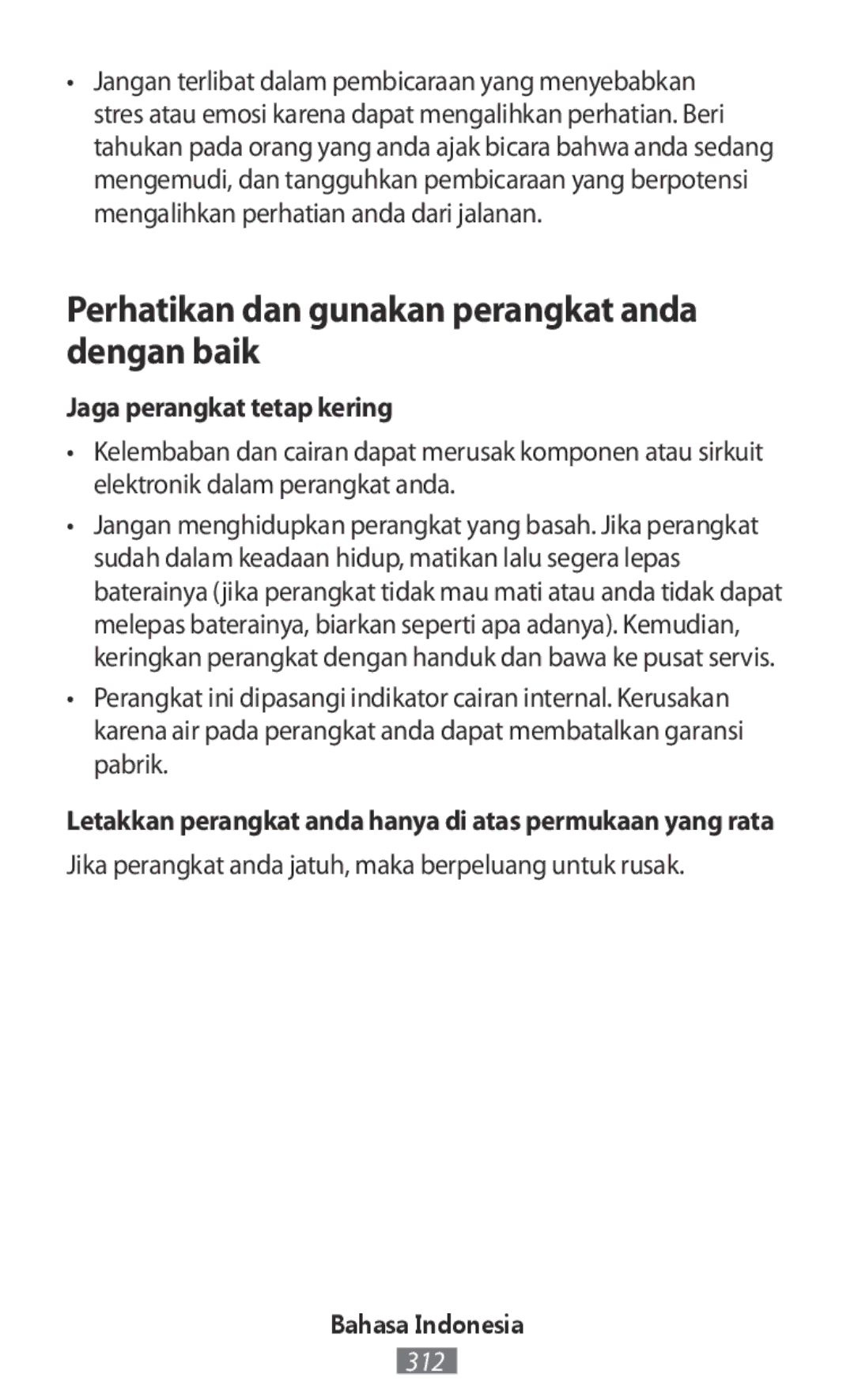 Samsung SM-R365NZRNEUR, SM-R365NZKADBT manual Perhatikan dan gunakan perangkat anda dengan baik, Jaga perangkat tetap kering 