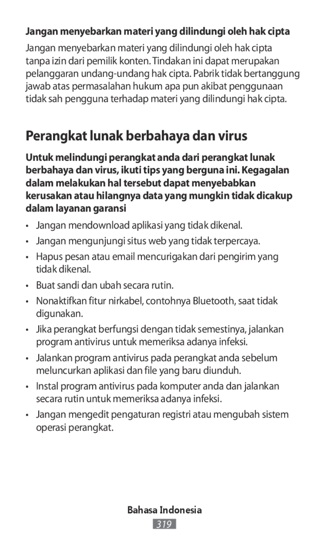 Samsung SM-R365NZKADBT manual Perangkat lunak berbahaya dan virus, Jangan menyebarkan materi yang dilindungi oleh hak cipta 