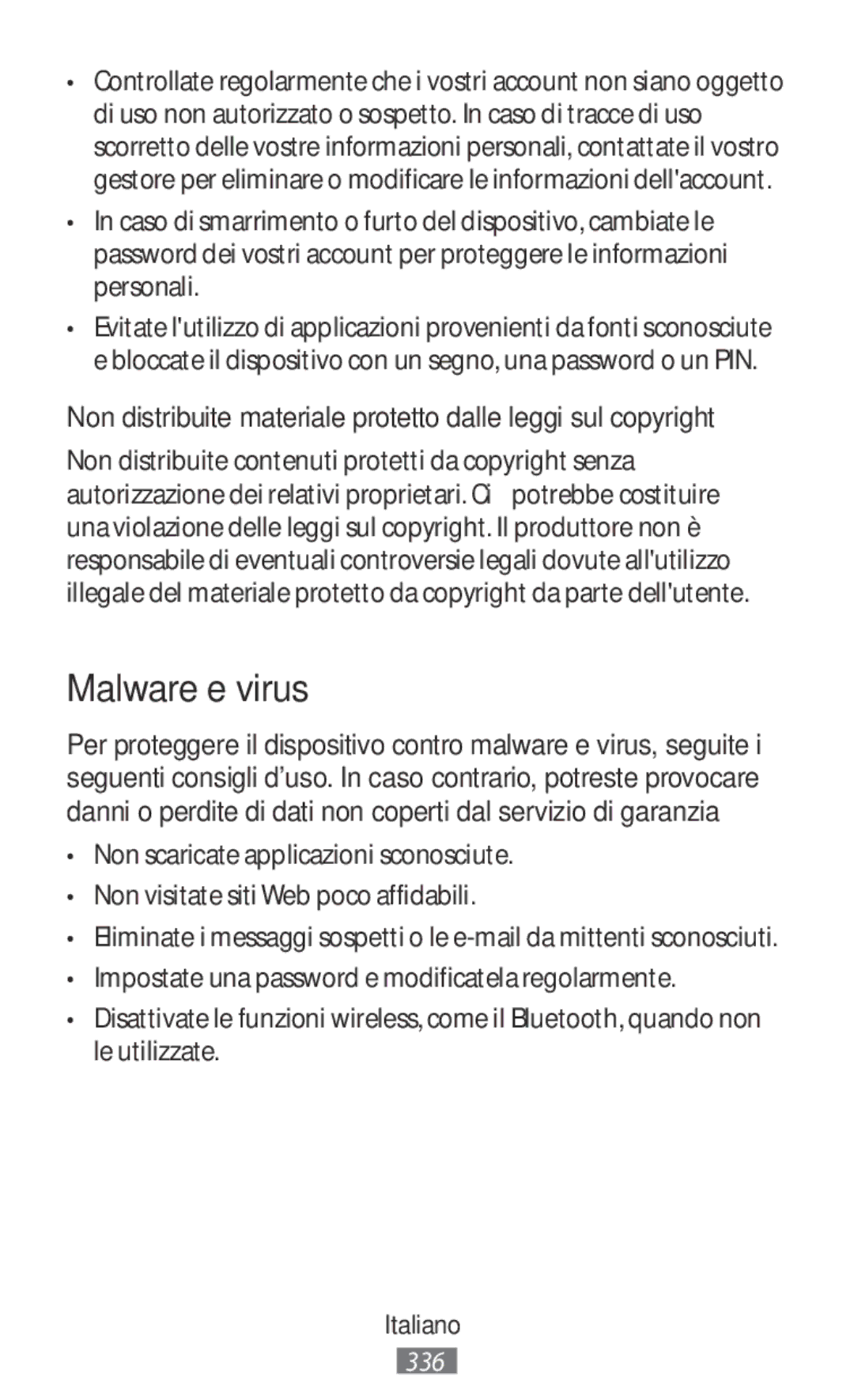 Samsung SM-R365NZKNNEE, SM-R365NZKADBT manual Malware e virus, Non distribuite materiale protetto dalle leggi sul copyright 