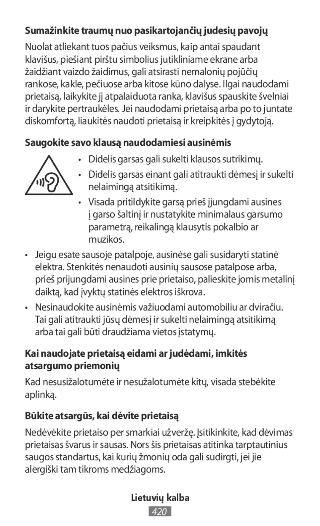 Samsung SM-R365NZKNXEF Sumažinkite traumų nuo pasikartojančių judesių pavojų, Saugokite savo klausą naudodamiesi ausinėmis 