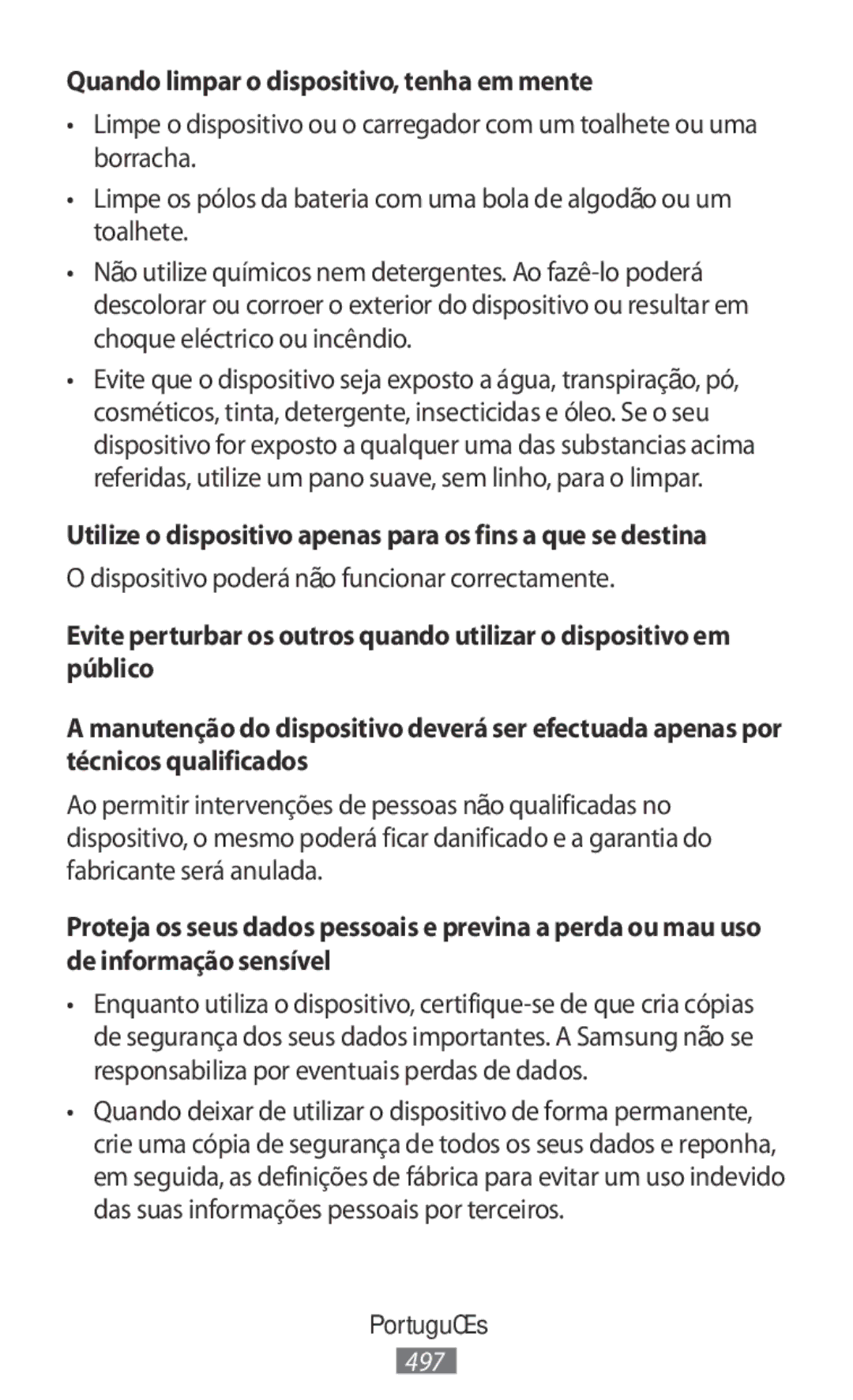 Samsung SM-R365NZKANEE manual Quando limpar o dispositivo, tenha em mente, Dispositivo poderá não funcionar correctamente 