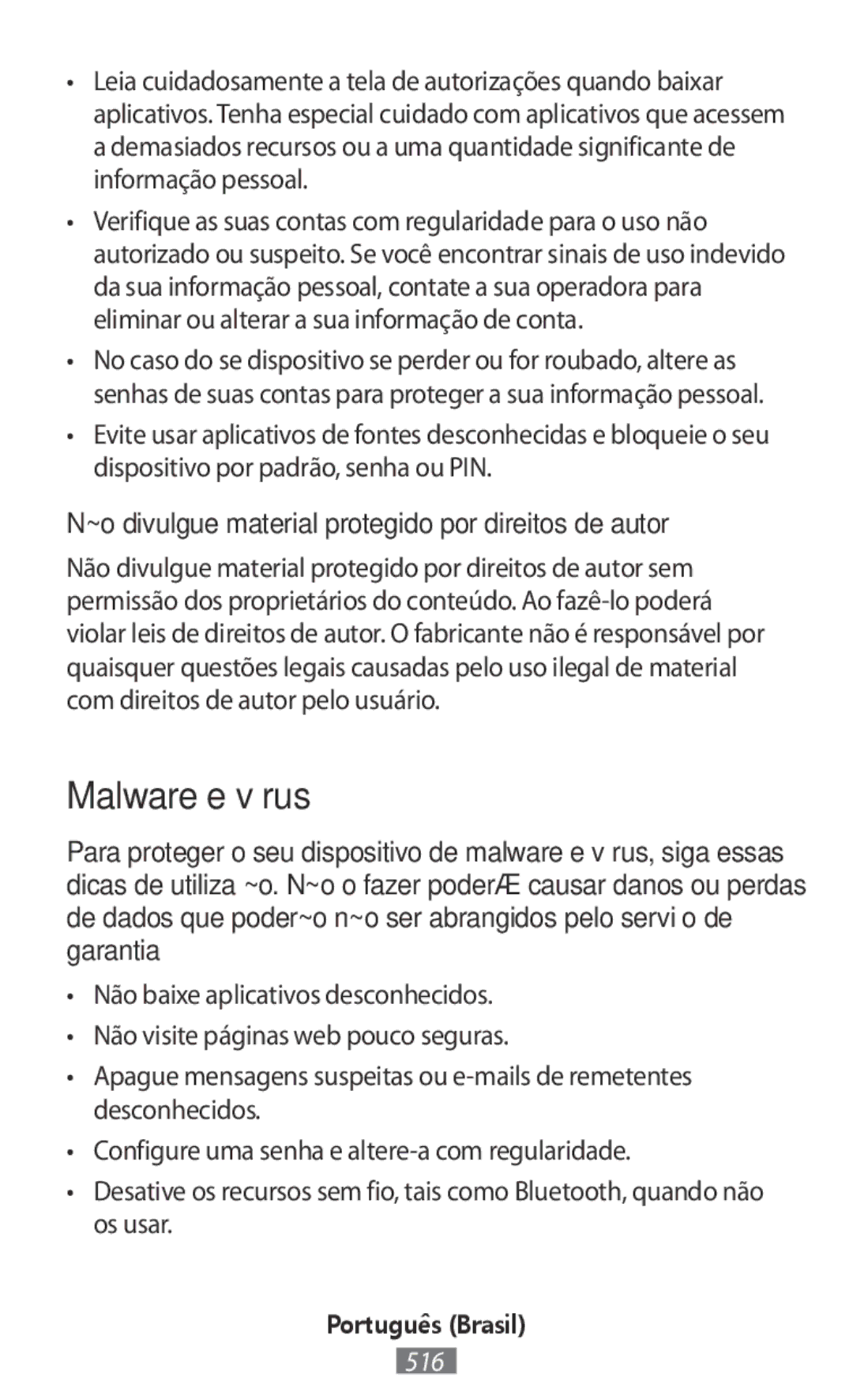 Samsung SM-R365NZKNXEF, SM-R365NZKADBT manual Malware e vírus, Não divulgue material protegido por direitos de autor 