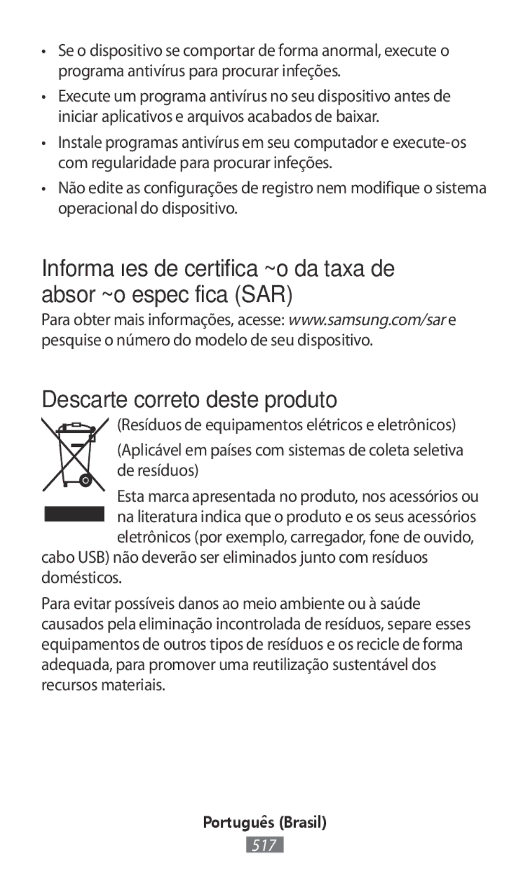 Samsung SM-R365NZKAXEF, SM-R365NZKADBT, SM-R365NZKNDBT, SM-R365NZRNDBT, SM-R365NZRADBT manual Descarte correto deste produto 