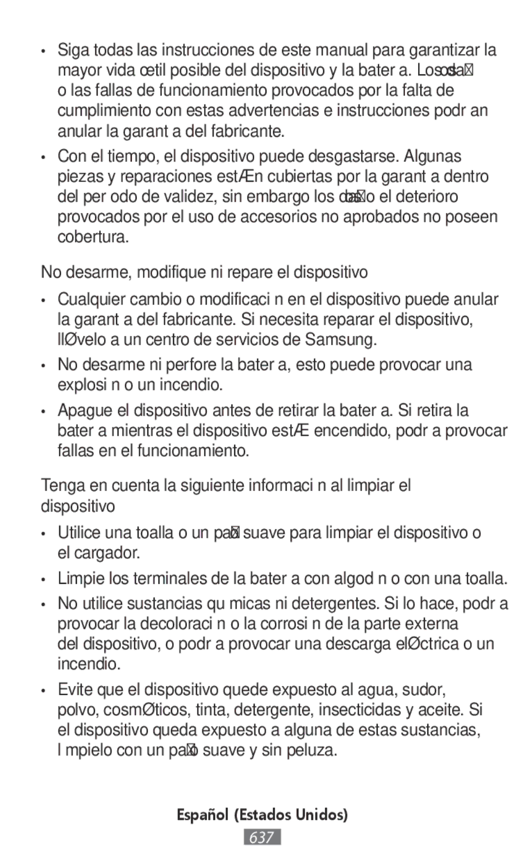 Samsung SM-R365NZKNXEH, SM-R365NZKADBT, SM-R365NZKNDBT, SM-R365NZRNDBT manual No desarme, modifique ni repare el dispositivo 