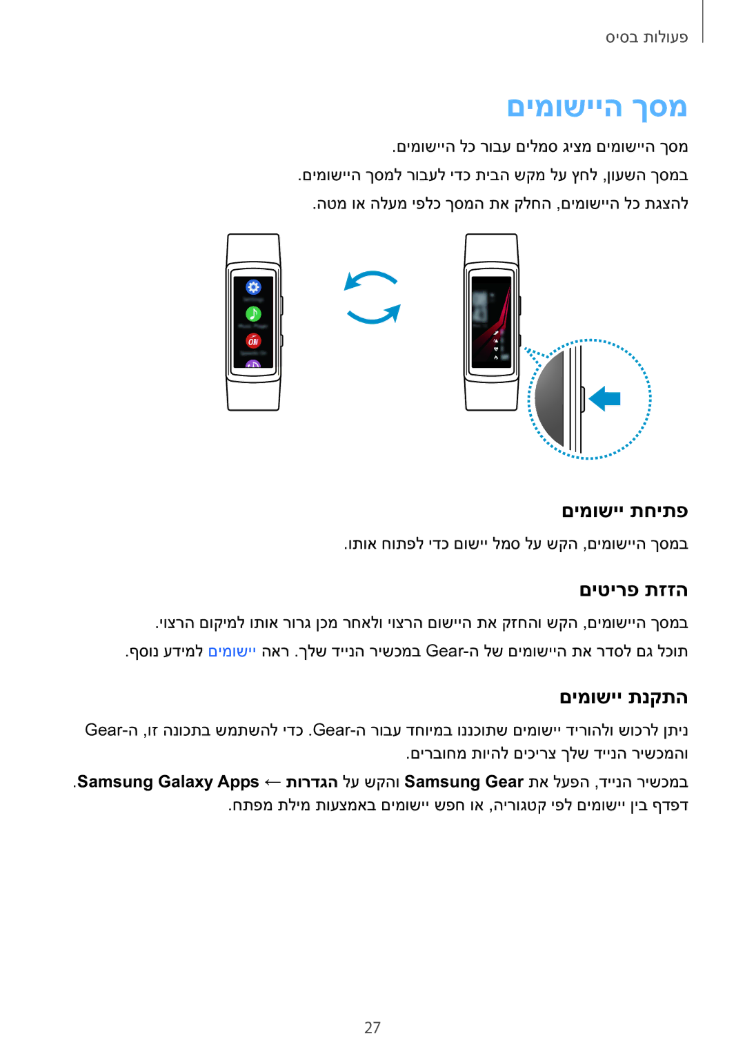 Samsung SM-R365NZKAILO manual םימושייה ךסמ, םימושיי תחיתפ, םיטירפ תזזה, םימושיי תנקתה 