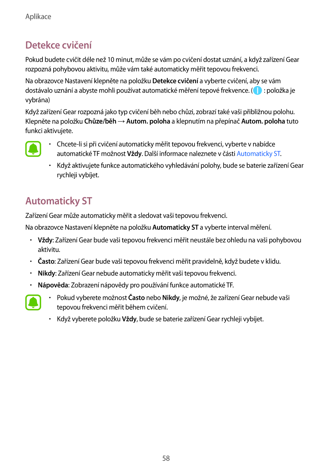 Samsung SM-R365NZKAXEZ, SM-R365NZRAXEZ manual Detekce cvičení, Automaticky ST 