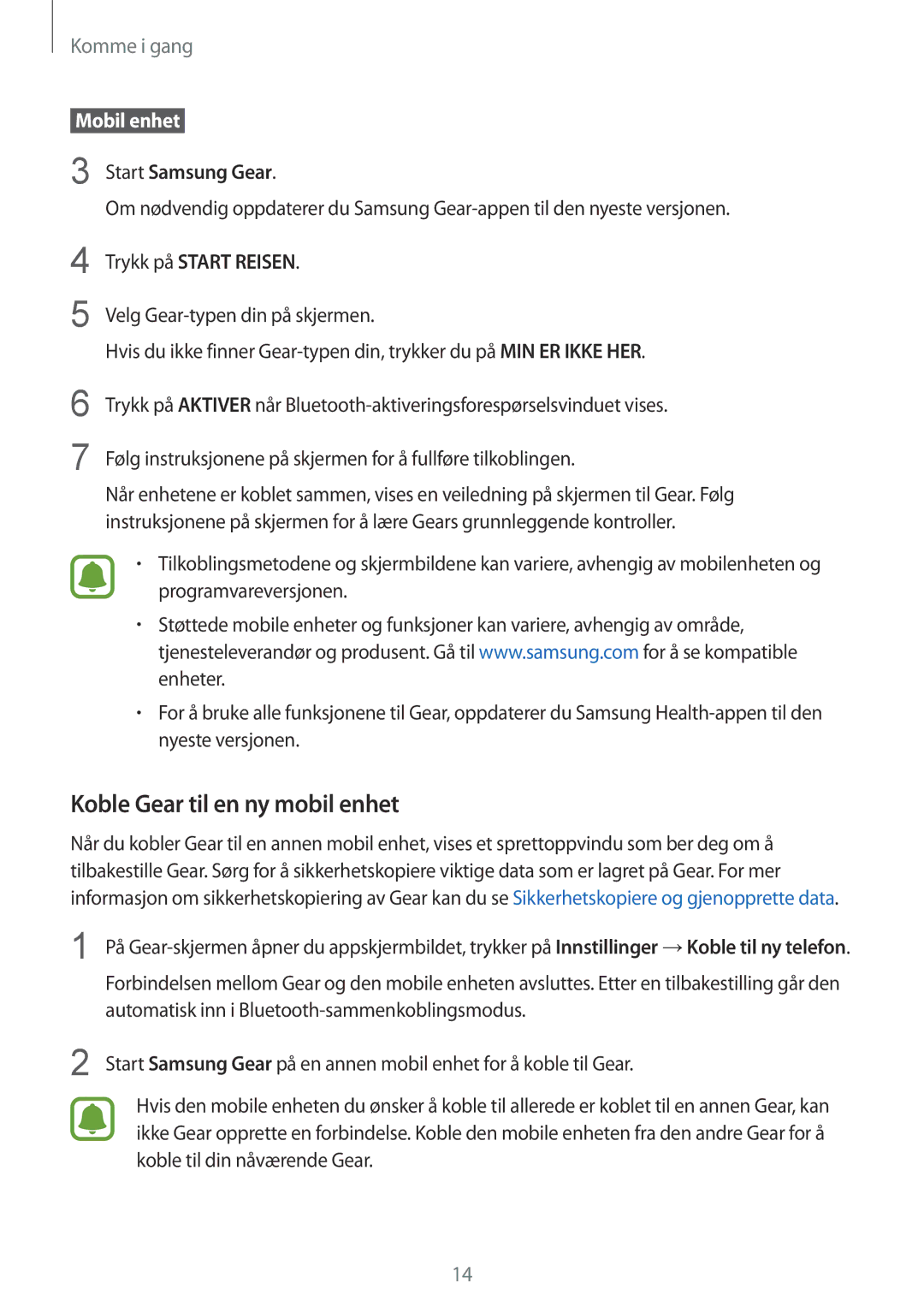Samsung SM-R365NZRNNEE, SM-R365NZKNNEE, SM-R365NZKANEE, SM-R365NZRANEE manual Koble Gear til en ny mobil enhet,  Mobil enhet  