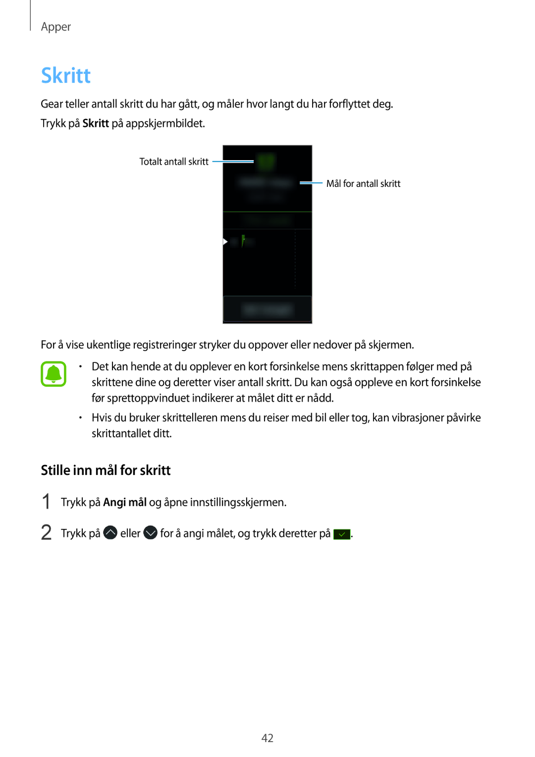 Samsung SM-R365NZRNNEE, SM-R365NZKNNEE, SM-R365NZKANEE, SM-R365NZRANEE manual Skritt, Stille inn mål for skritt 