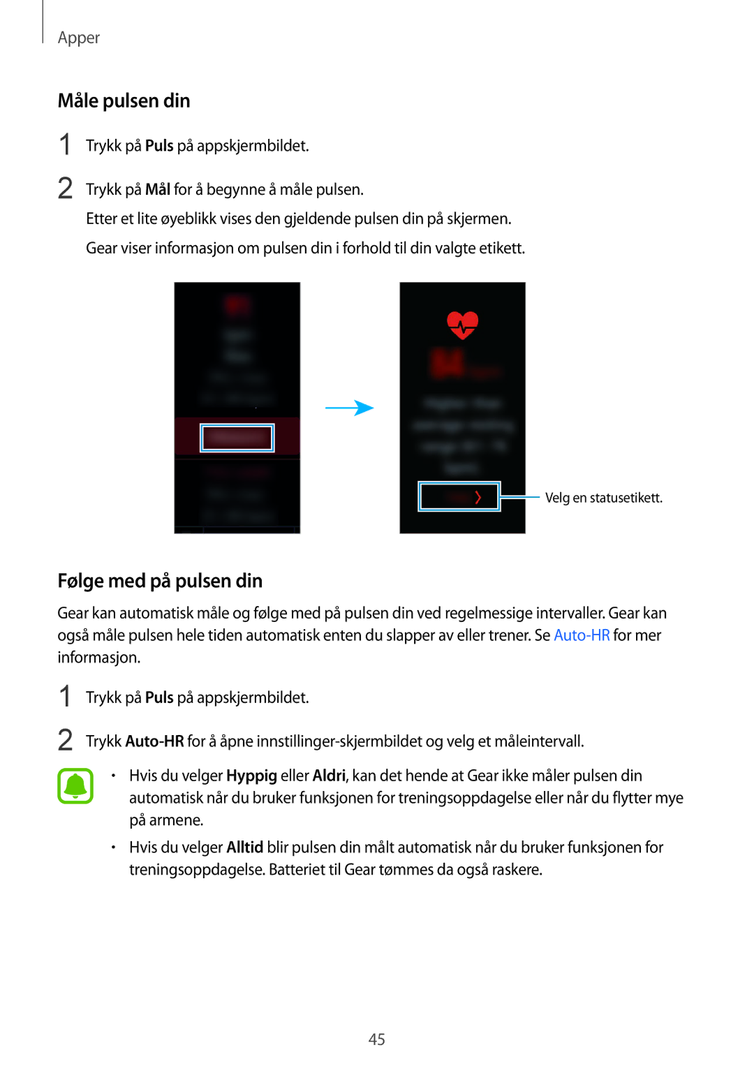 Samsung SM-R365NZKANEE, SM-R365NZKNNEE, SM-R365NZRNNEE, SM-R365NZRANEE manual Måle pulsen din, Følge med på pulsen din 