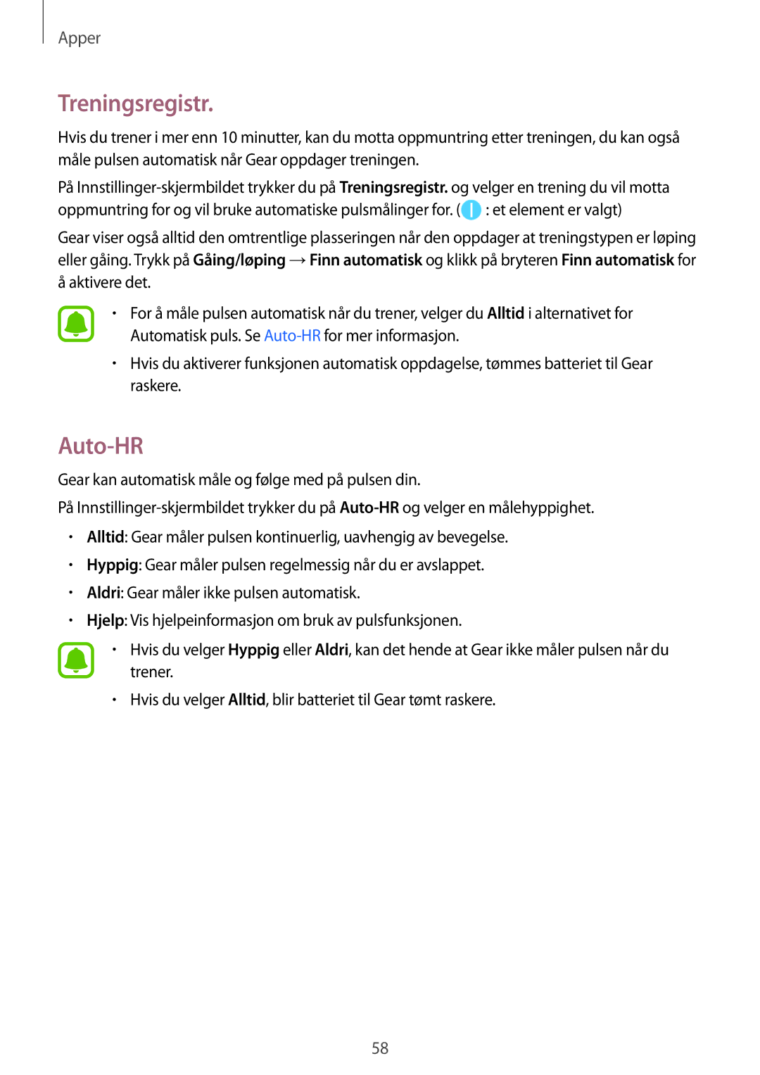 Samsung SM-R365NZRNNEE, SM-R365NZKNNEE, SM-R365NZKANEE, SM-R365NZRANEE manual Treningsregistr, Auto-HR 