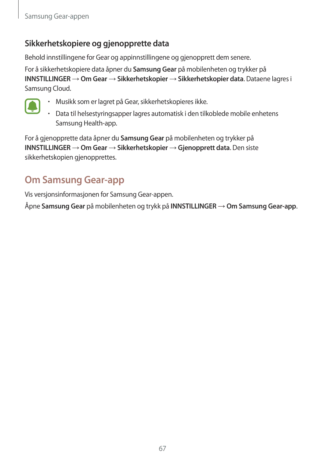 Samsung SM-R365NZRANEE, SM-R365NZKNNEE, SM-R365NZKANEE manual Om Samsung Gear-app, Sikkerhetskopiere og gjenopprette data 