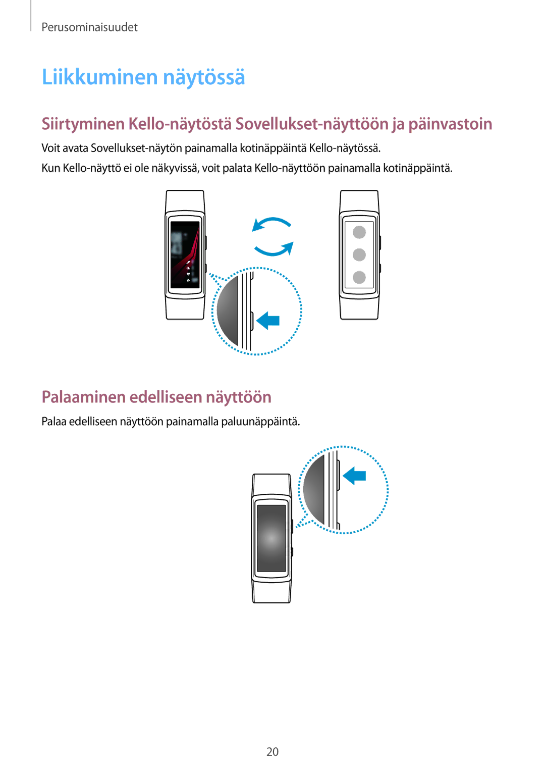 Samsung SM-R365NZKNNEE, SM-R365NZKANEE, SM-R365NZRNNEE, SM-R365NZRANEE Liikkuminen näytössä, Palaaminen edelliseen näyttöön 