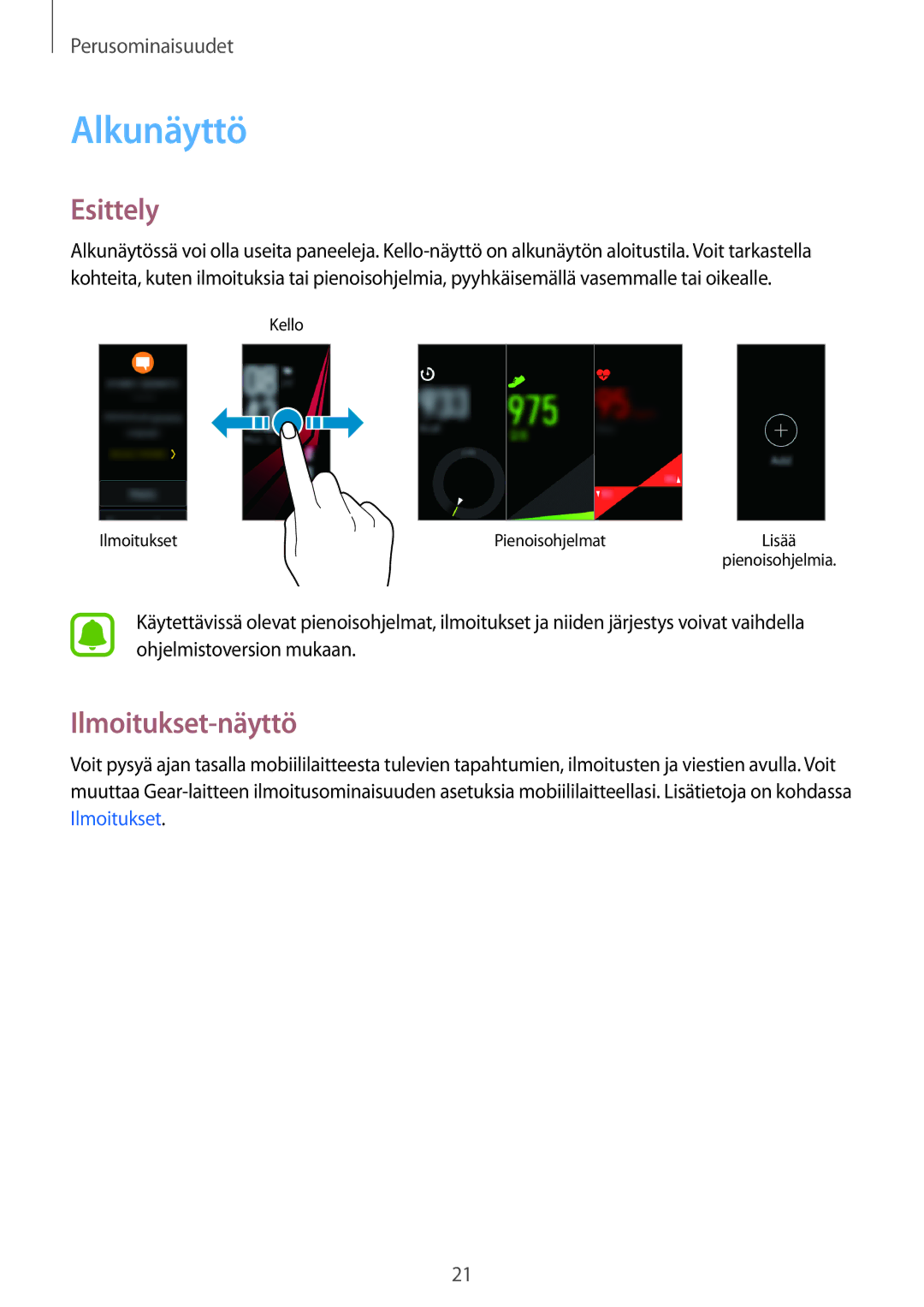 Samsung SM-R365NZKANEE, SM-R365NZKNNEE, SM-R365NZRNNEE, SM-R365NZRANEE manual Alkunäyttö, Esittely, Ilmoitukset-näyttö 