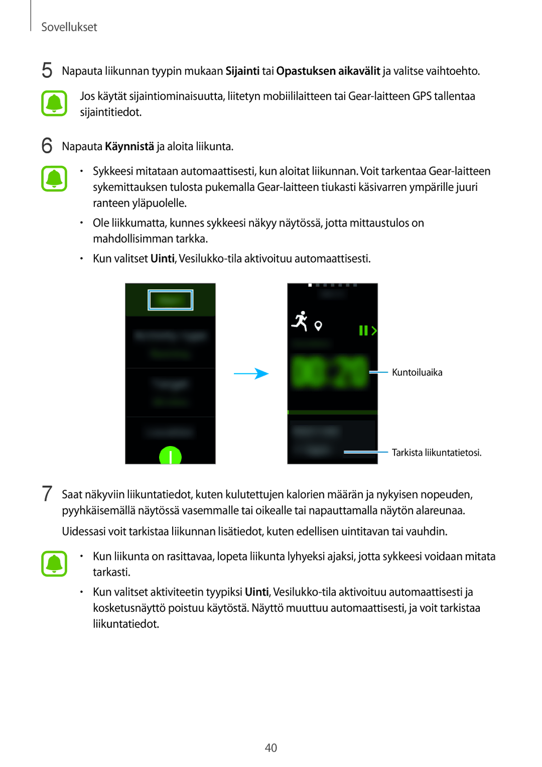 Samsung SM-R365NZKNNEE, SM-R365NZKANEE, SM-R365NZRNNEE, SM-R365NZRANEE manual Kuntoiluaika Tarkista liikuntatietosi 