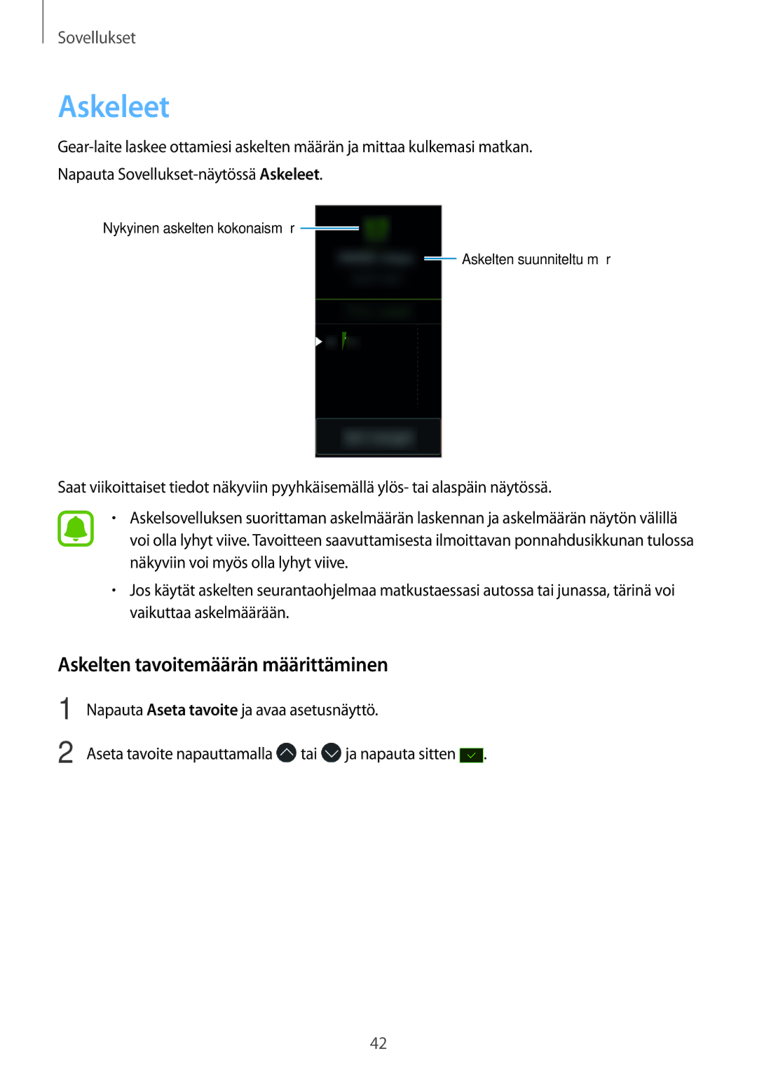 Samsung SM-R365NZRNNEE, SM-R365NZKNNEE, SM-R365NZKANEE, SM-R365NZRANEE manual Askeleet, Askelten tavoitemäärän määrittäminen 