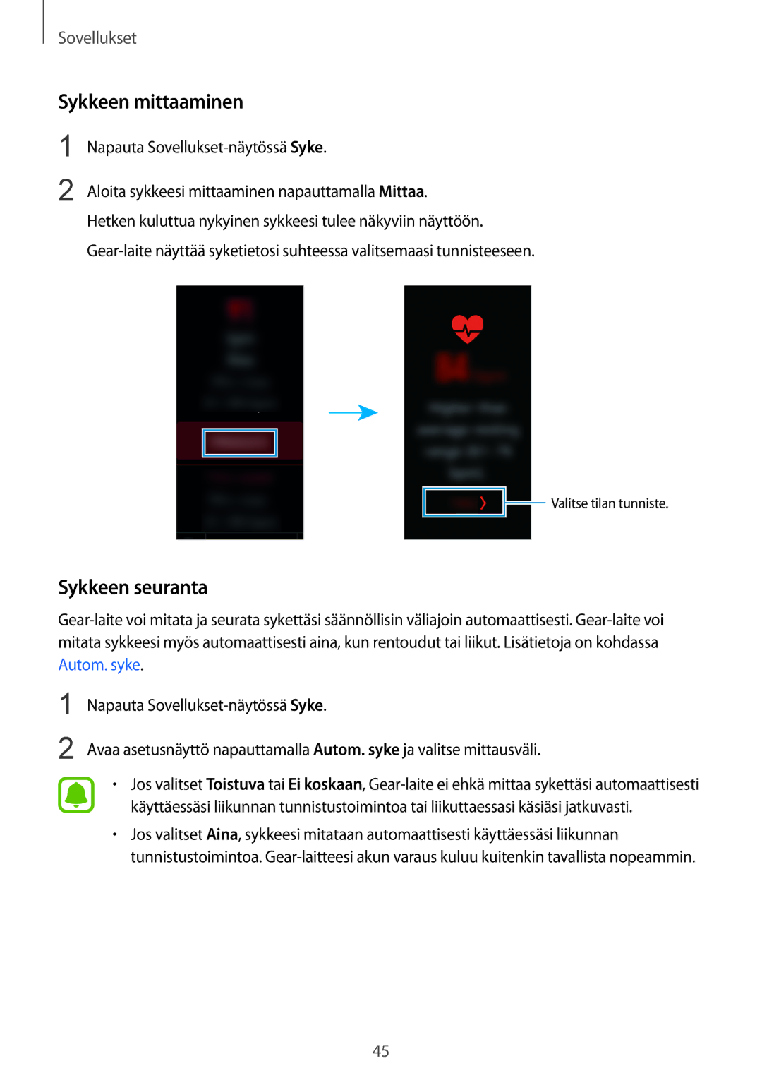 Samsung SM-R365NZKANEE, SM-R365NZKNNEE, SM-R365NZRNNEE, SM-R365NZRANEE manual Sykkeen mittaaminen, Sykkeen seuranta 