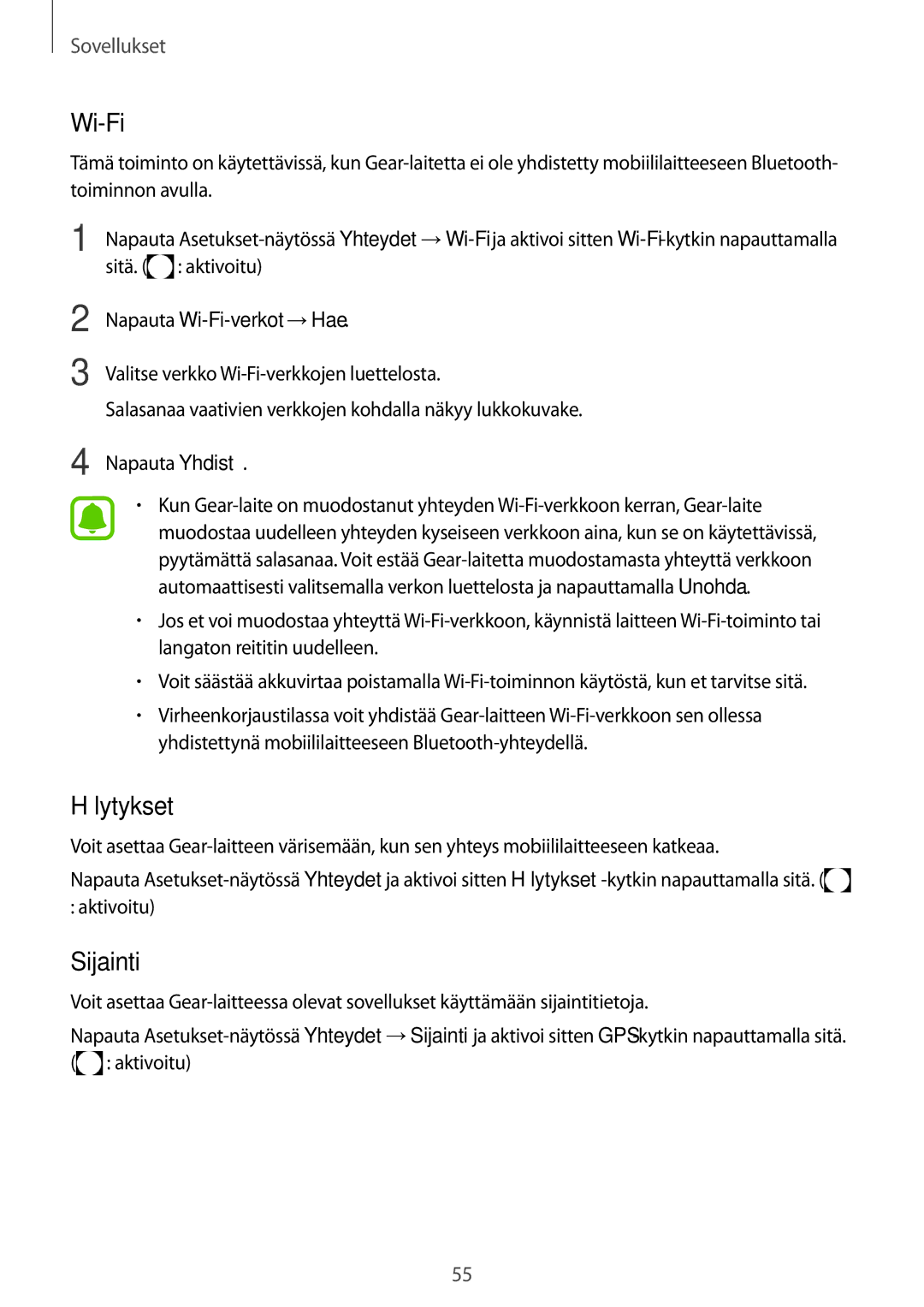 Samsung SM-R365NZRANEE, SM-R365NZKNNEE, SM-R365NZKANEE, SM-R365NZRNNEE Hälytykset, Sijainti, Napauta Wi-Fi-verkot →Hae 